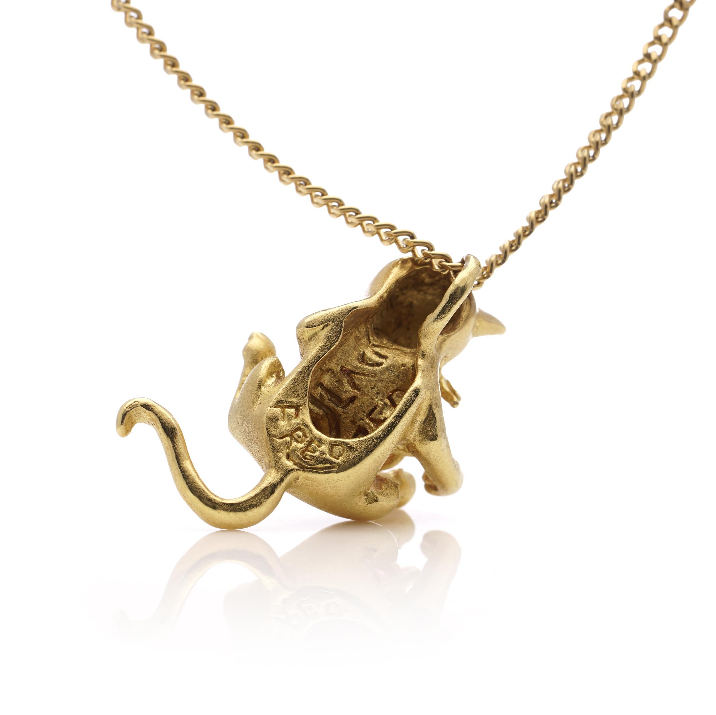 Fred Paris 18kt. yellow gold chain necklace with kitty holding ruby pendant 3