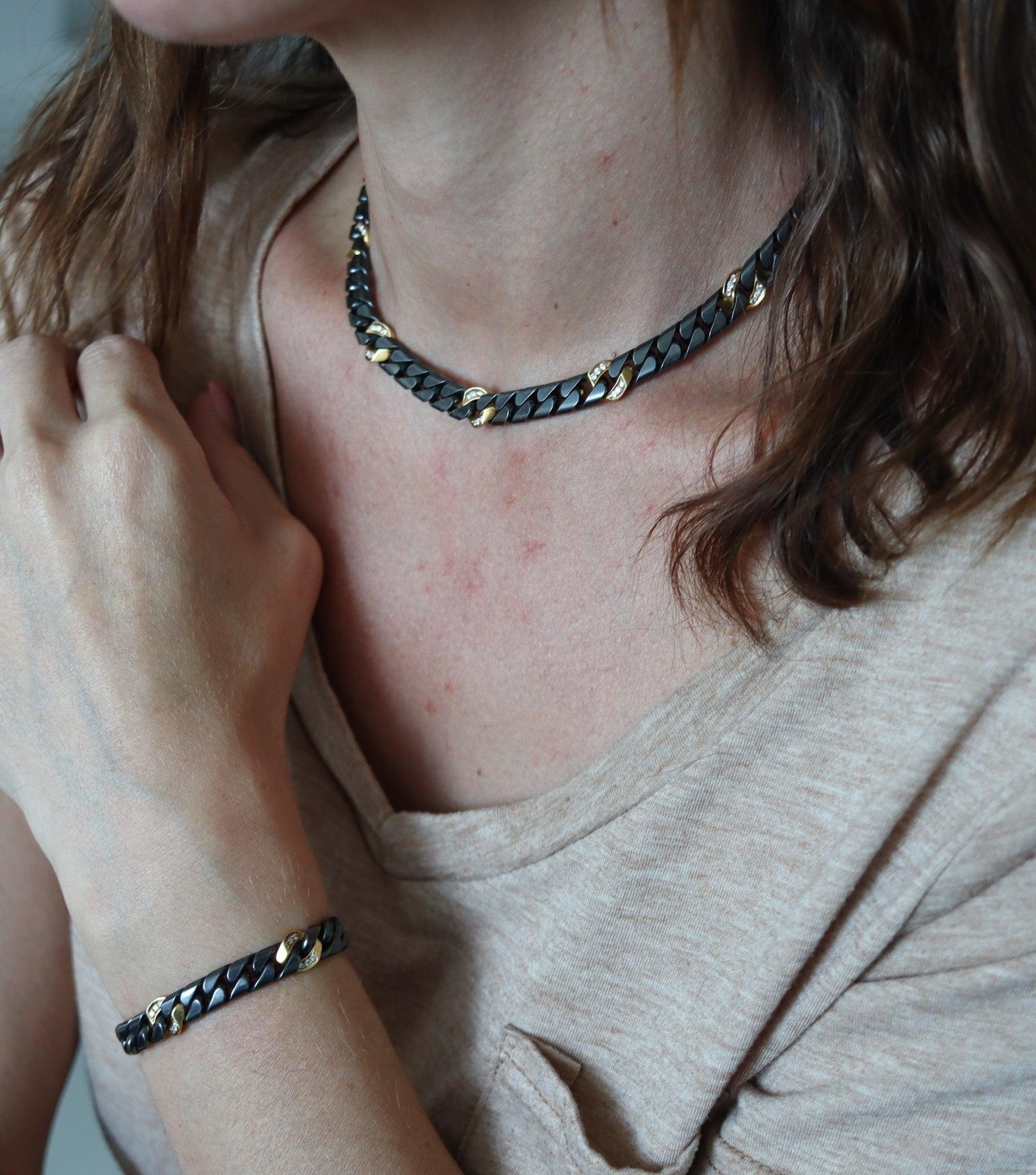 Modernista Fred Paris 1970 Collana a catena bicolore in oro giallo 18Kt e diamanti 1,98 Ctw in vendita