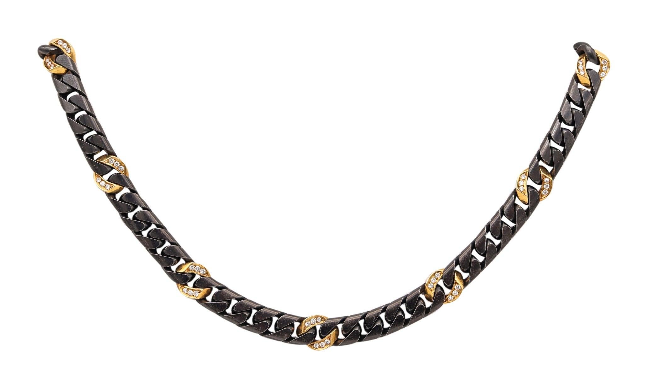 Taglio brillante Fred Paris 1970 Collana a catena bicolore in oro giallo 18Kt e diamanti 1,98 Ctw in vendita