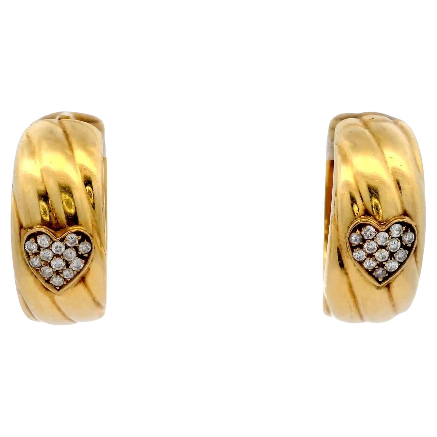 Fred Paris 1970s Diamond Heart Loop Earrings in 18 Karat Yellow Gold