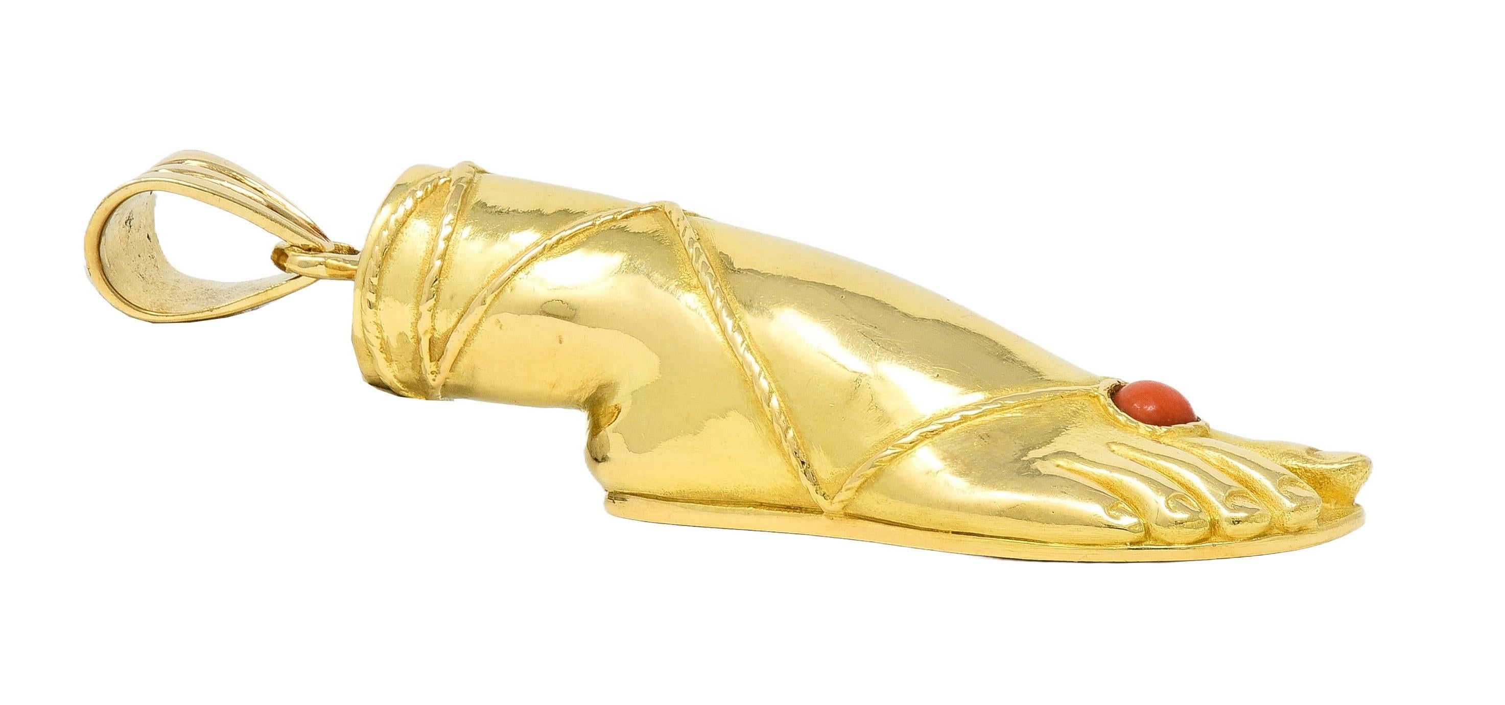 Classical Greek Fred Paris 1970's French Coral 18 Karat Yellow Gold Vintage Foot Pendant