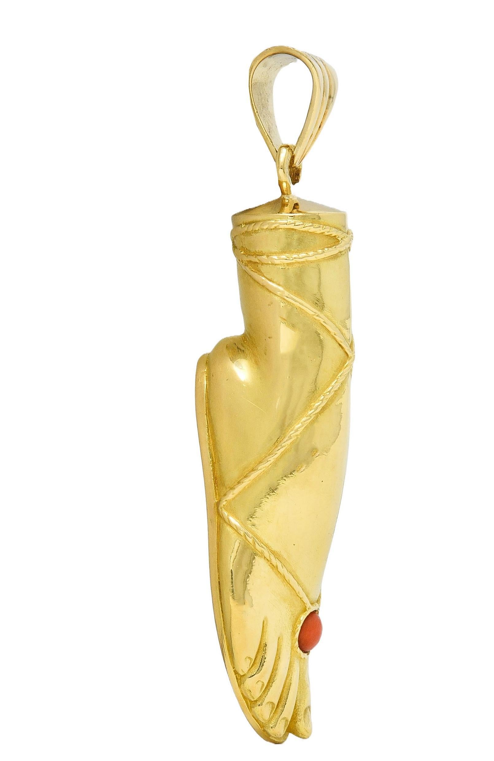 Fred Paris 1970's French Coral 18 Karat Yellow Gold Vintage Foot Pendant In Excellent Condition In Philadelphia, PA