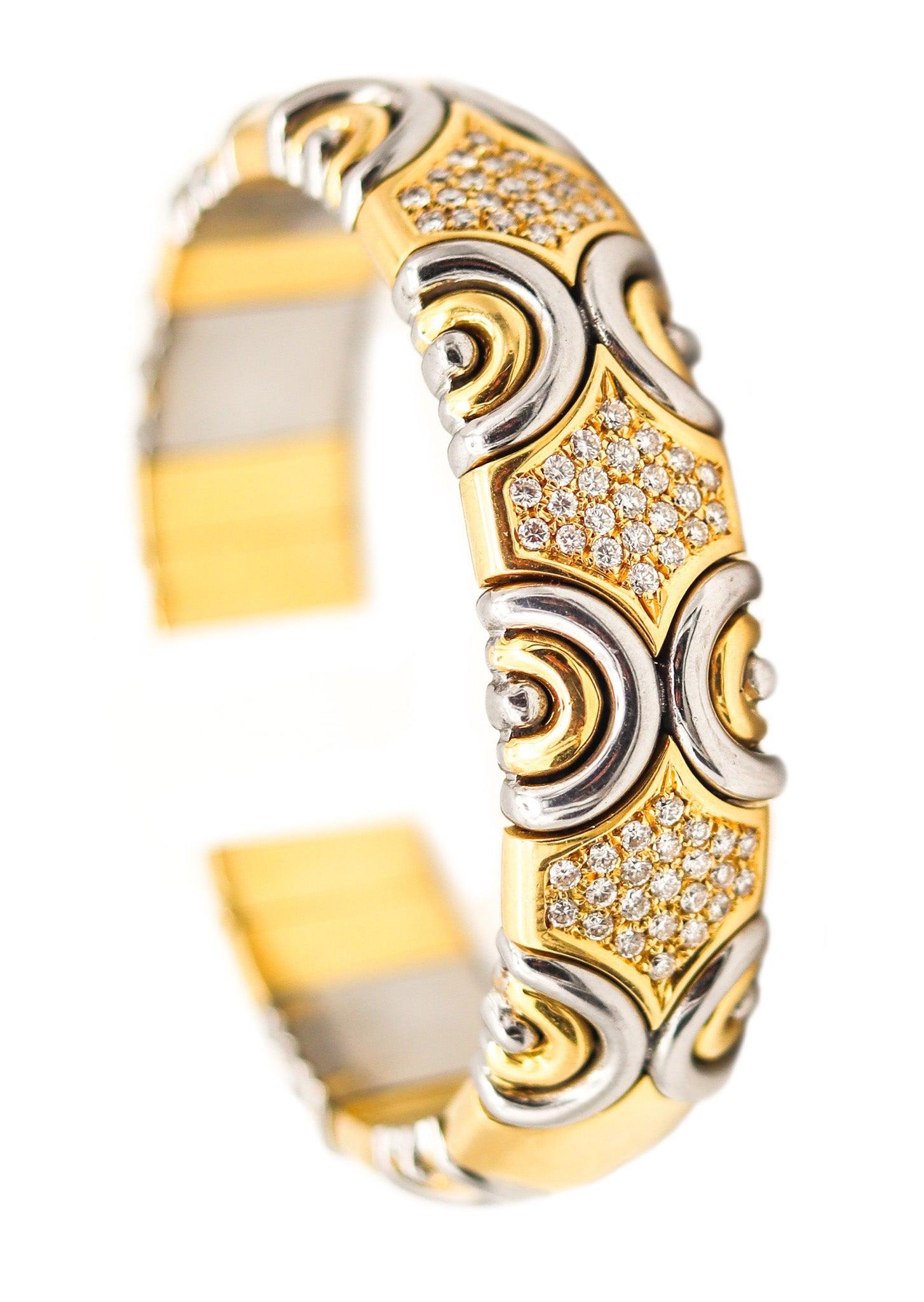 FRED Paris 1980 Bangle-Cuff Bracelet 18Kt Yellow Gold, Stainless And Diamonds en vente
