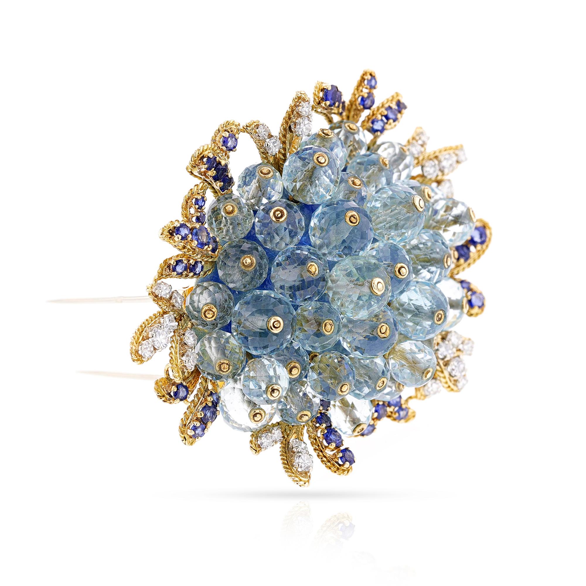 Fred Paris Aquamarine, Sapphire and Diamond Brooch, 18k In Excellent Condition In New York, NY