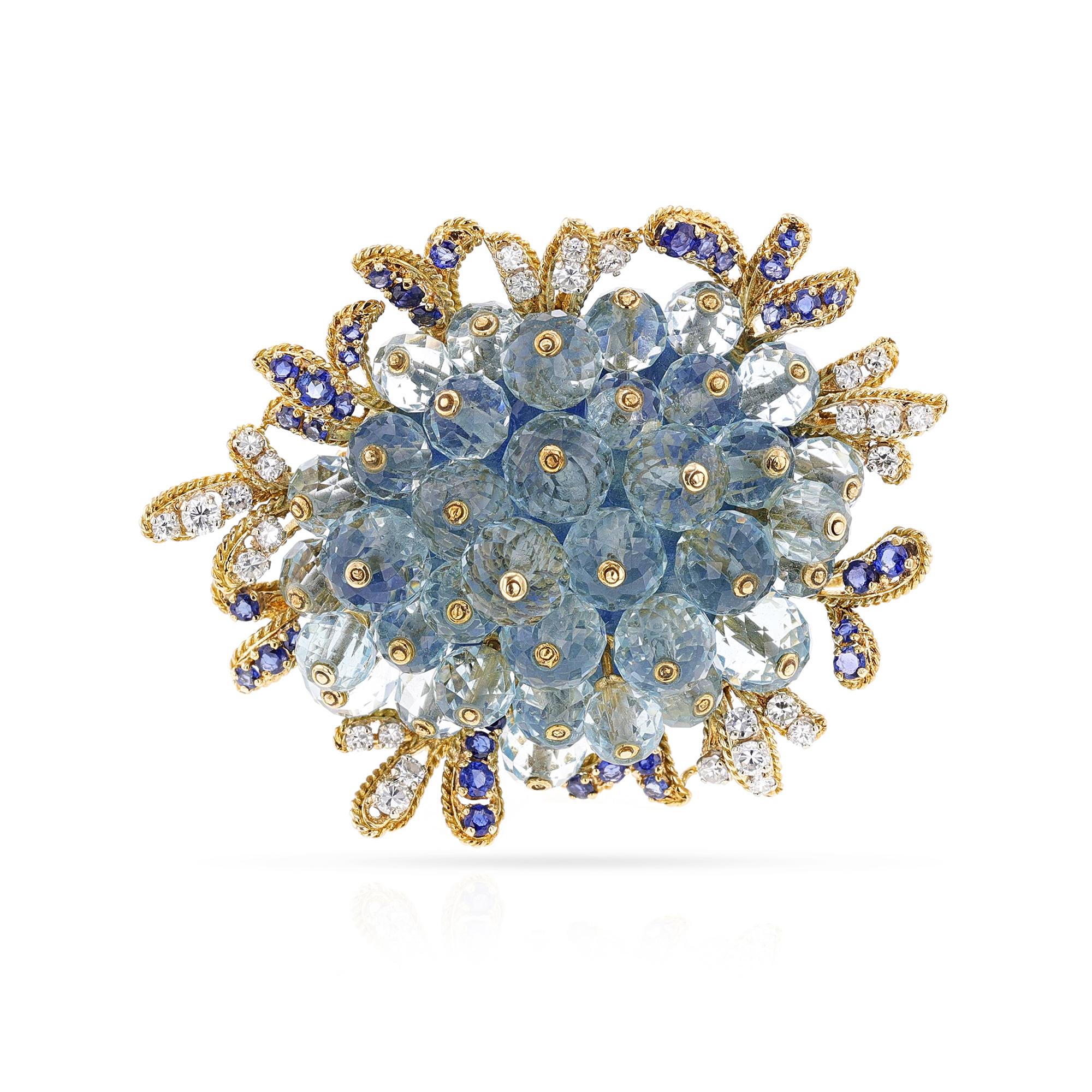 Women's or Men's Fred Paris Aquamarine, Sapphire and Diamond Brooch, 18k