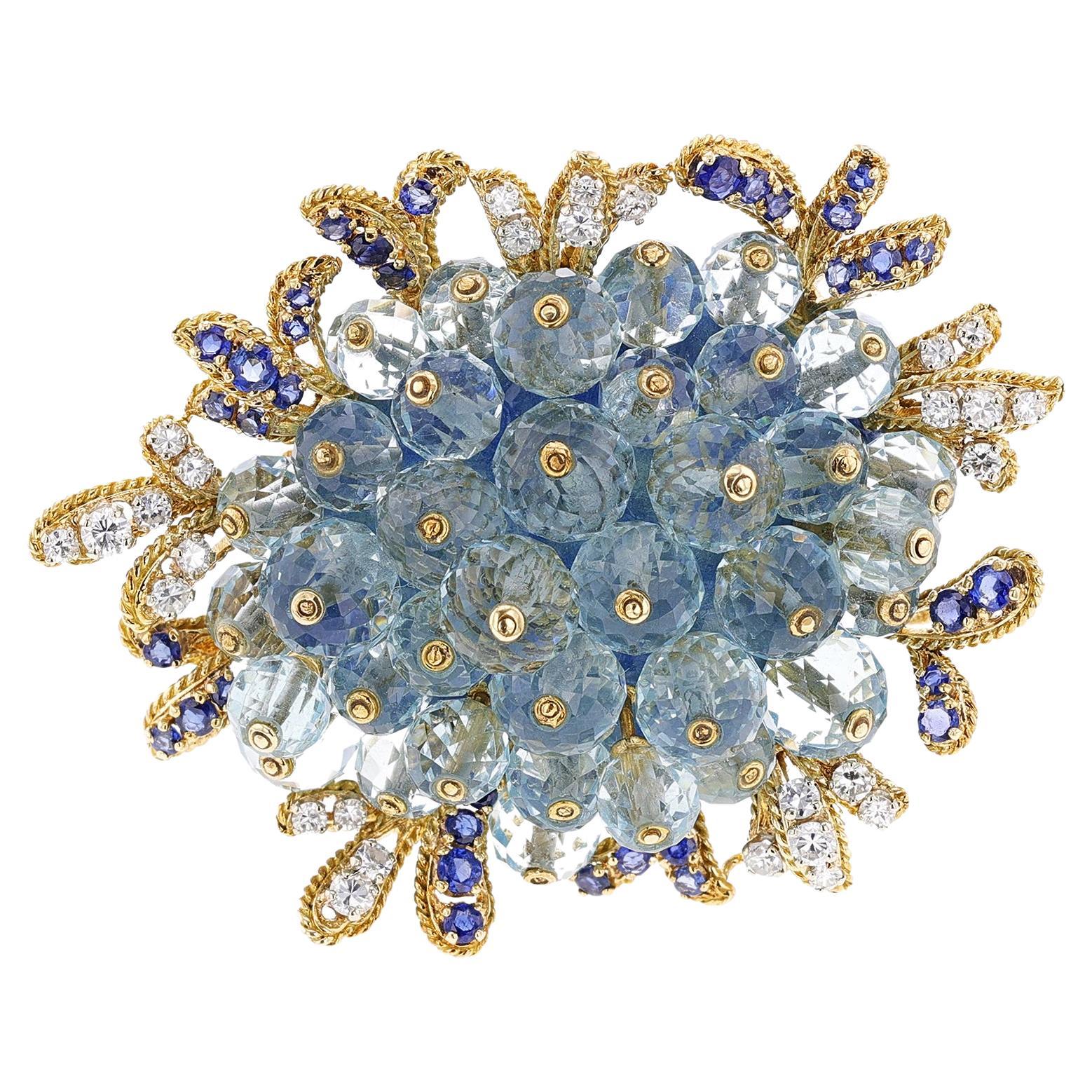 Fred Paris Aquamarine, Sapphire and Diamond Brooch, 18k