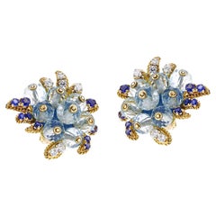 Fred Paris Aquamarine, Sapphire and Diamond Earrings, 18k