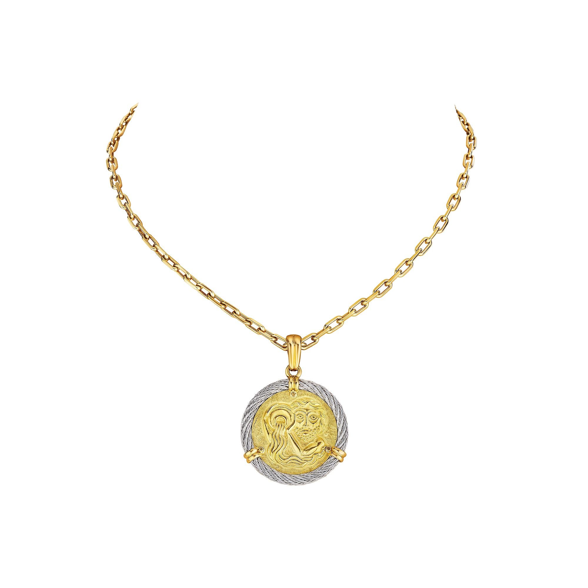 Fred Paris Pendentif Zodiac Vintage Aquarius en or et acier Steele Excellent état - En vente à Greenwich, CT