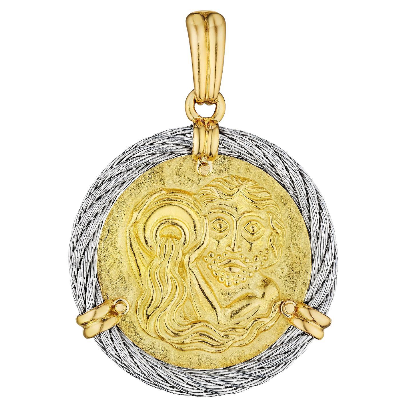 Fred Paris Pendentif Zodiac Vintage Aquarius en or et acier Steele en vente