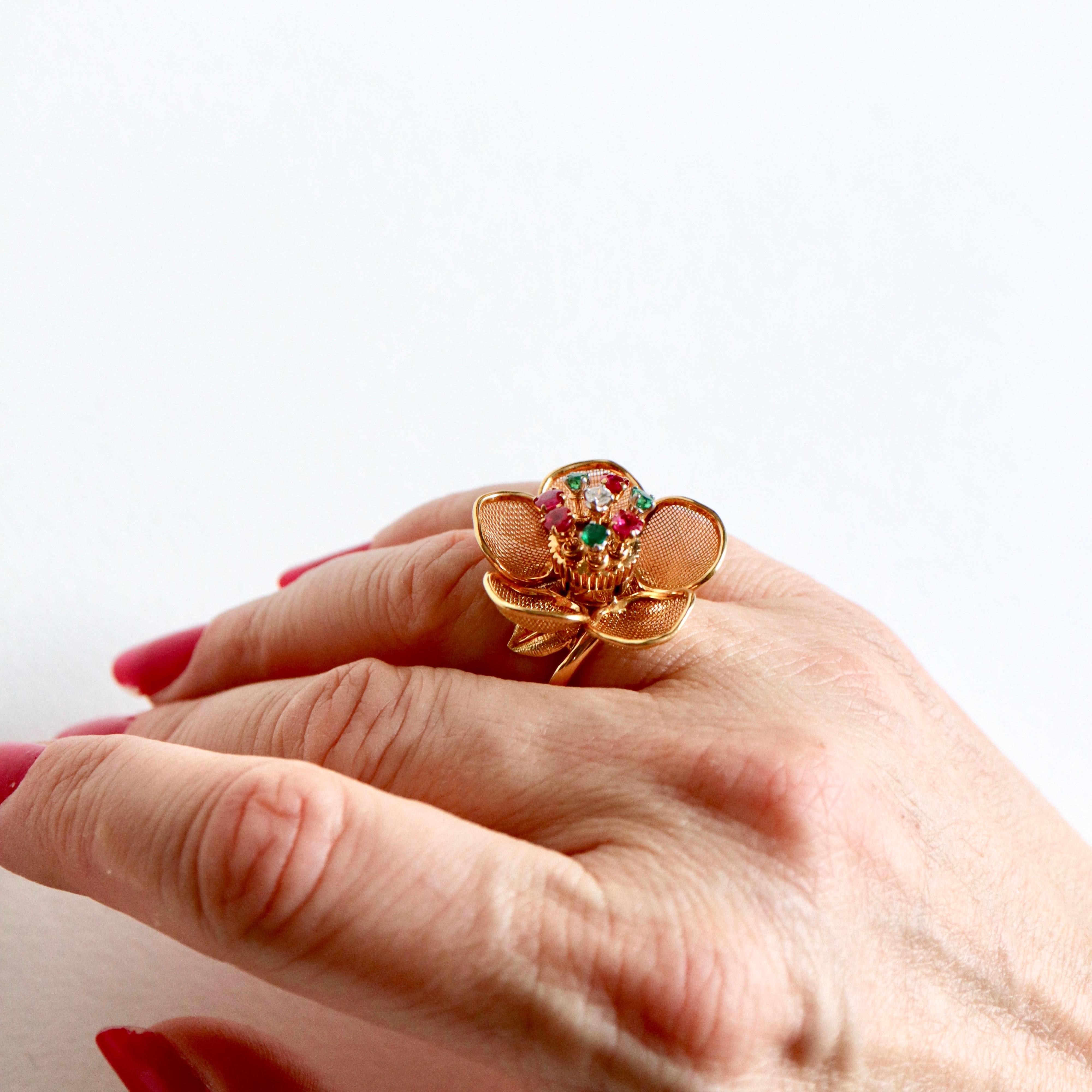 Fred Paris Articulated Flower Ring with Pistil with Rubies Emeralds and Diamond 6