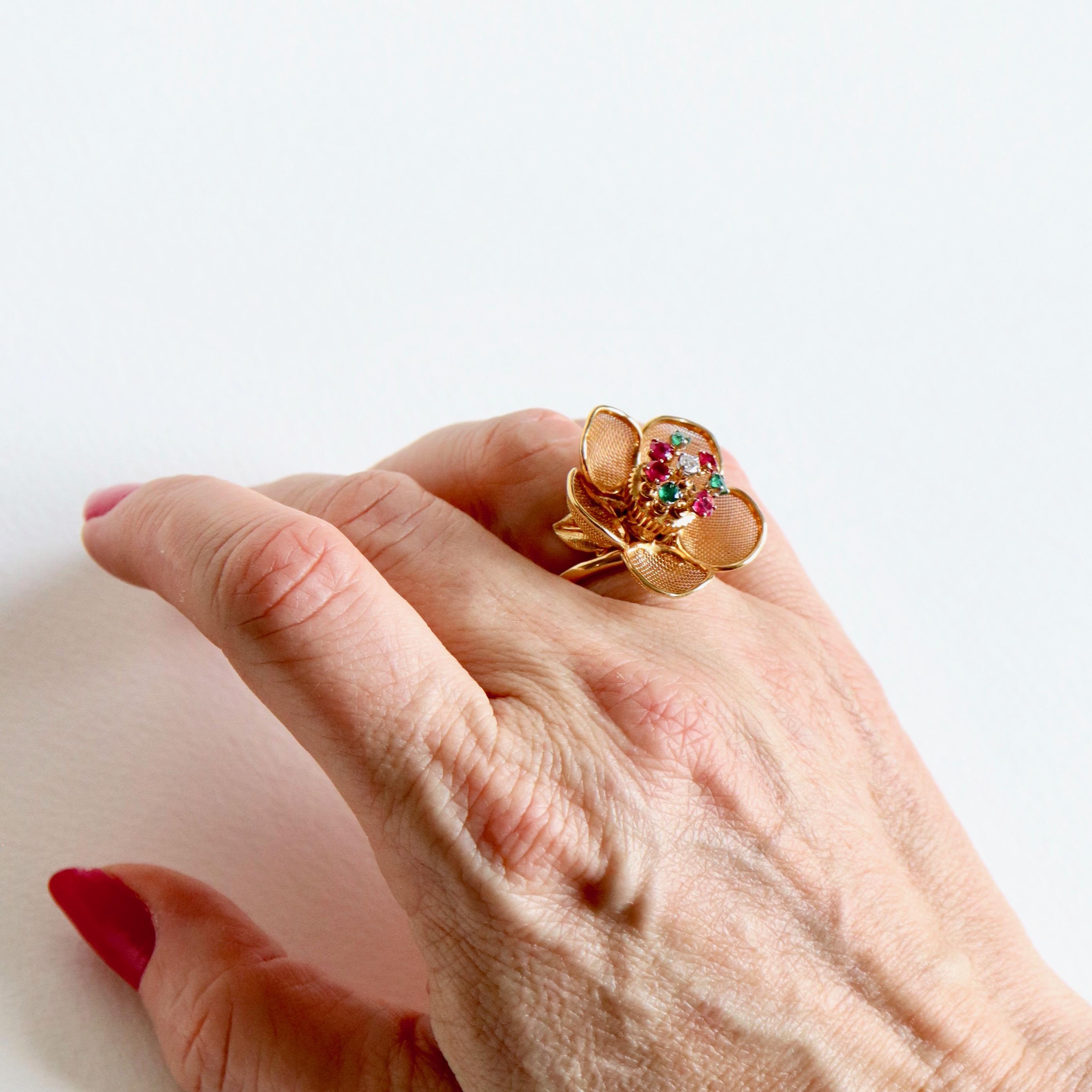 Fred Paris Articulated Flower Ring with Pistil with Rubies Emeralds and Diamond 7