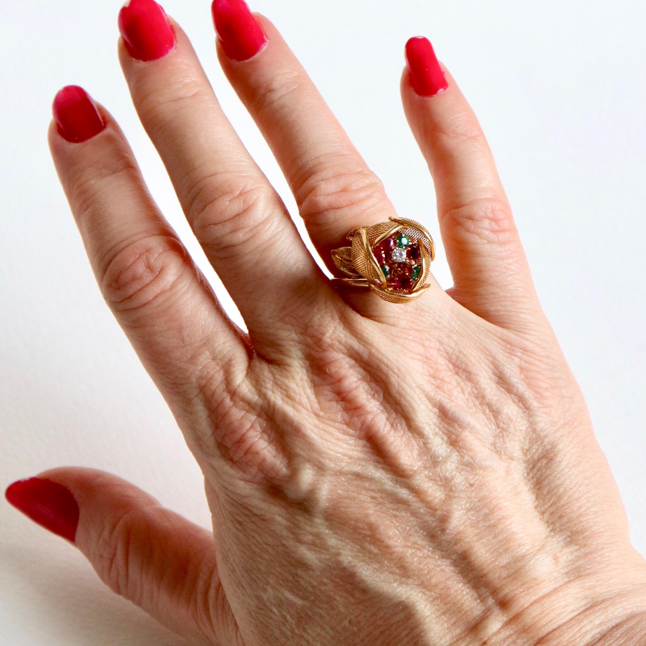 Fred Paris Articulated Flower Ring with Pistil with Rubies Emeralds and Diamond 8