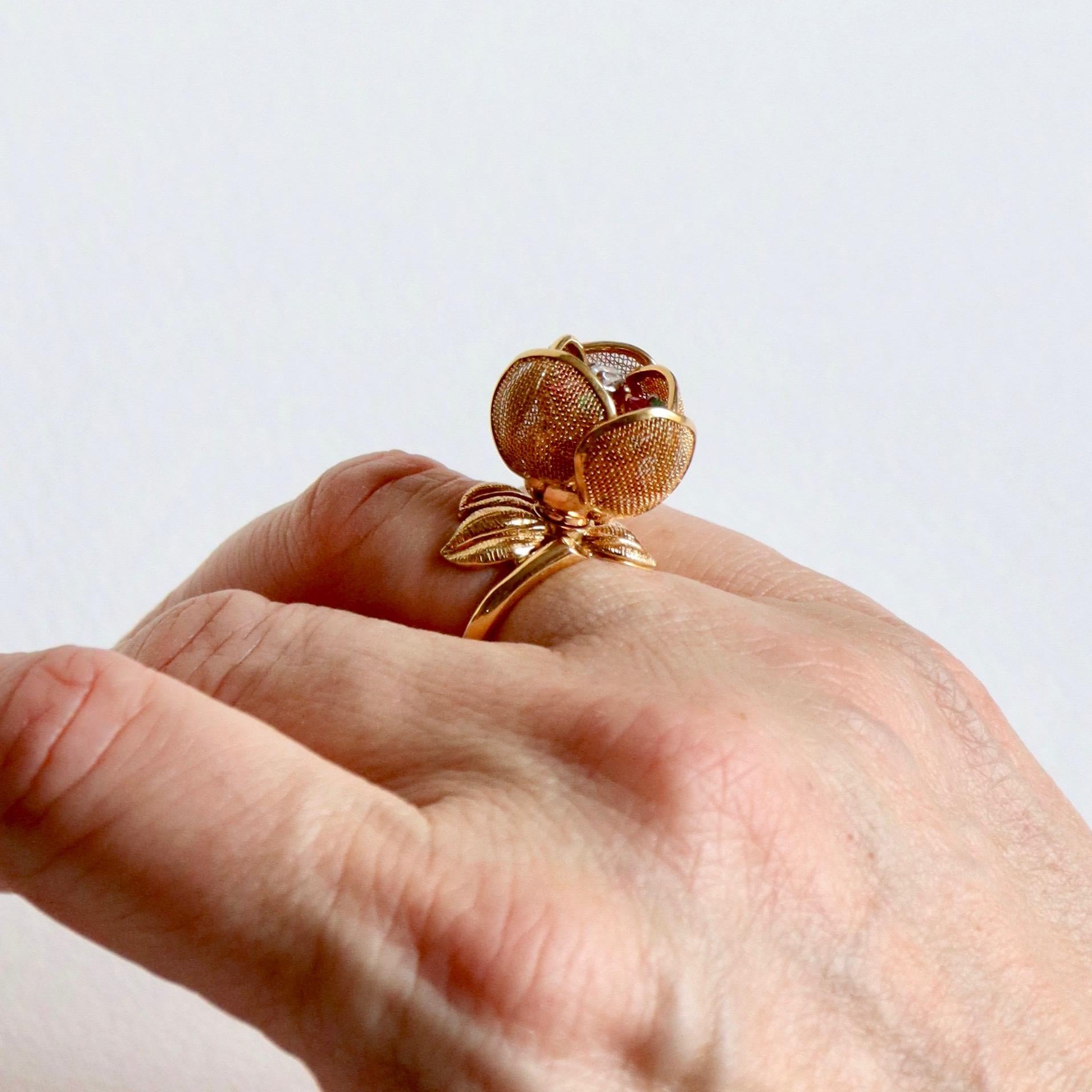 Fred Paris Articulated Flower Ring with Pistil with Rubies Emeralds and Diamond 9