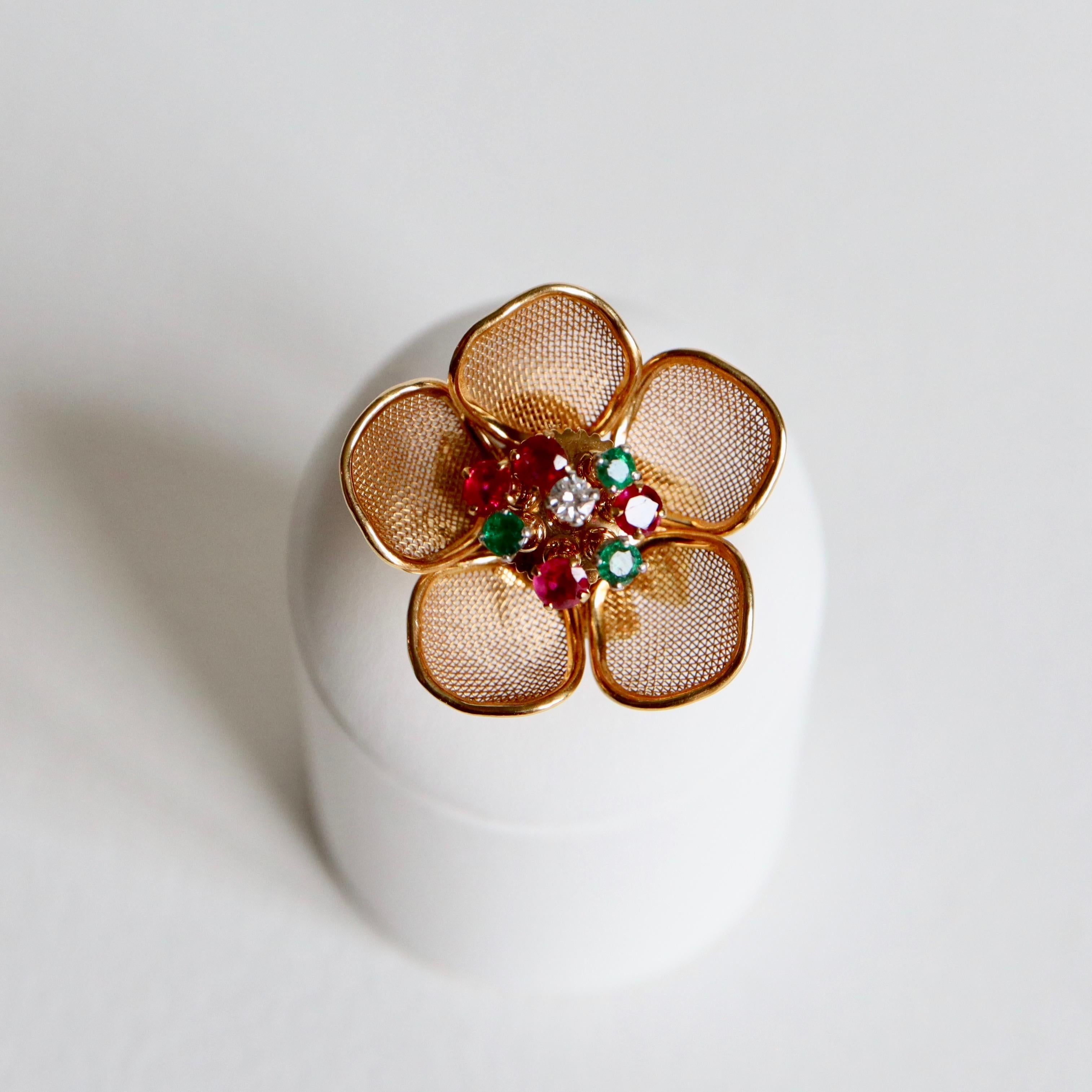 Fred Paris Articulated Flower Ring with Pistil with Rubies Emeralds and Diamond 2
