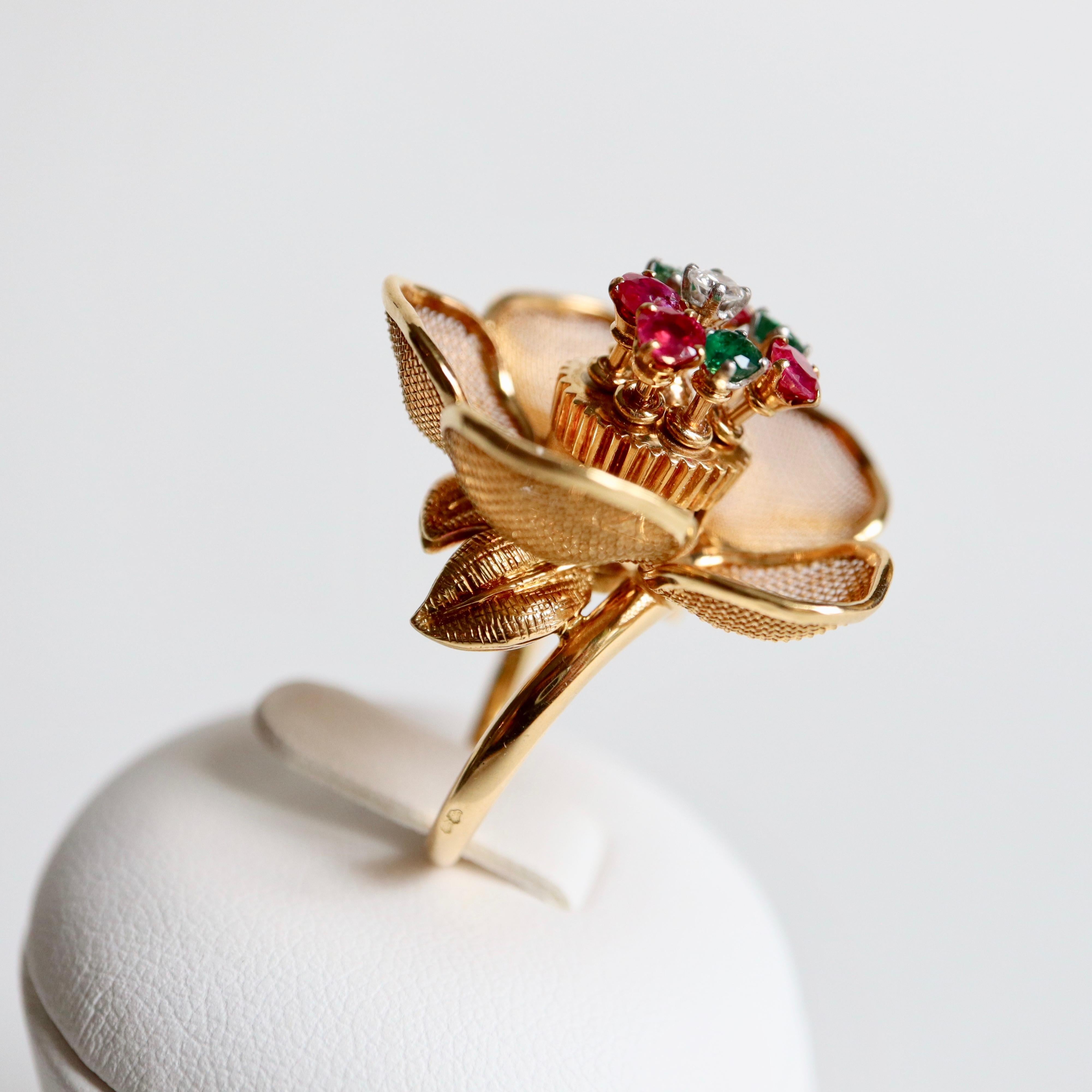 Fred Paris Articulated Flower Ring with Pistil with Rubies Emeralds and Diamond 3