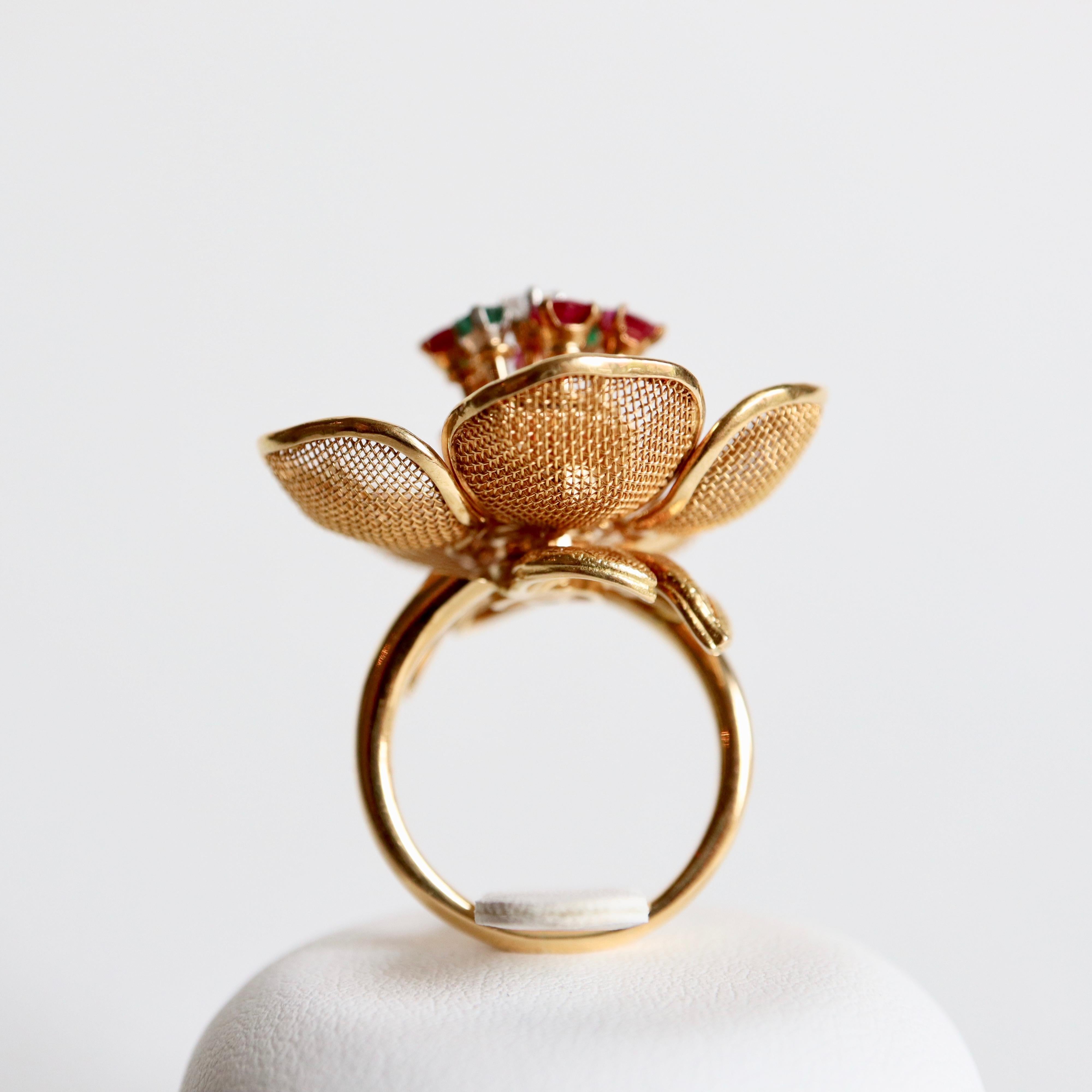 Fred Paris Articulated Flower Ring with Pistil with Rubies Emeralds and Diamond 4