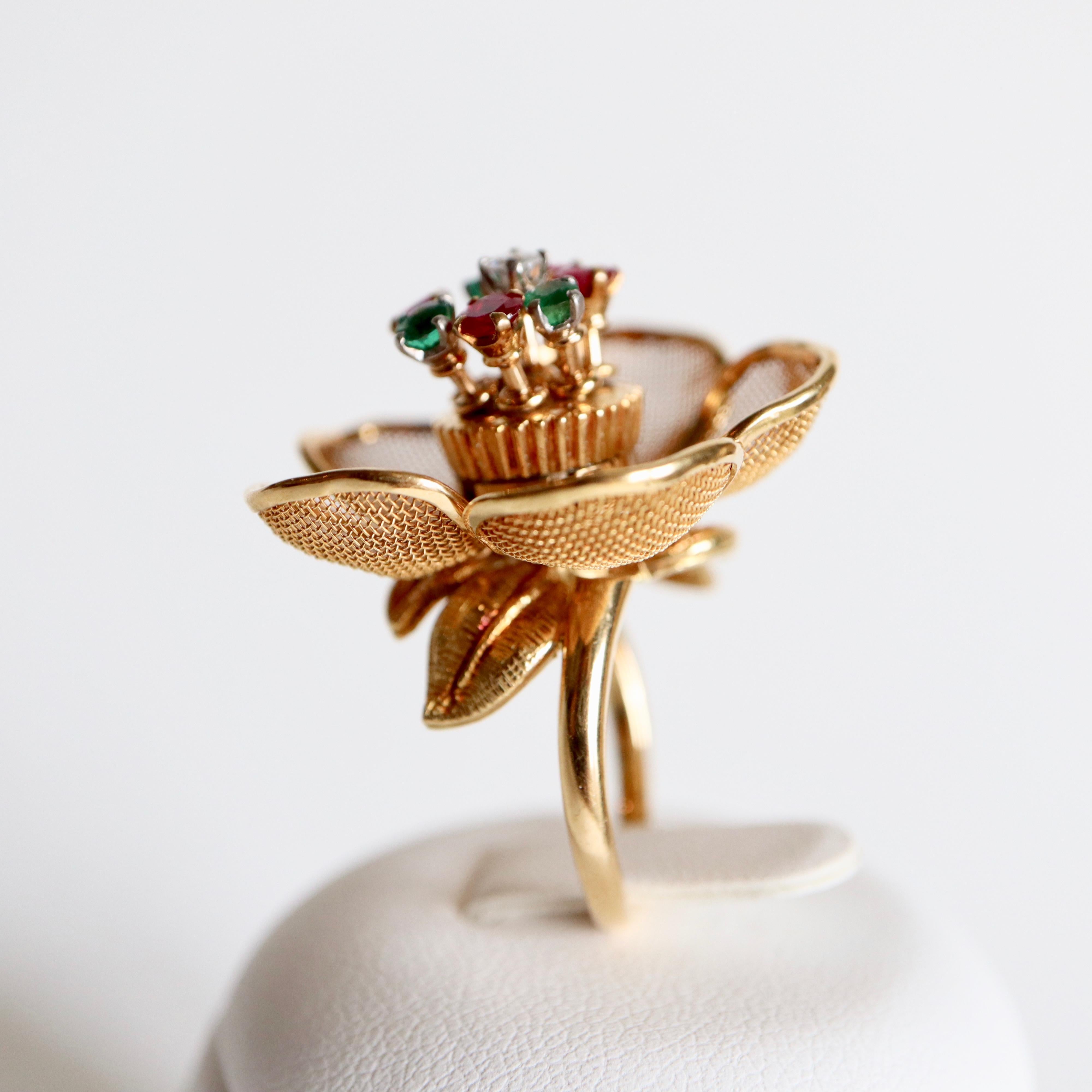 Fred Paris Articulated Flower Ring with Pistil with Rubies Emeralds and Diamond 5
