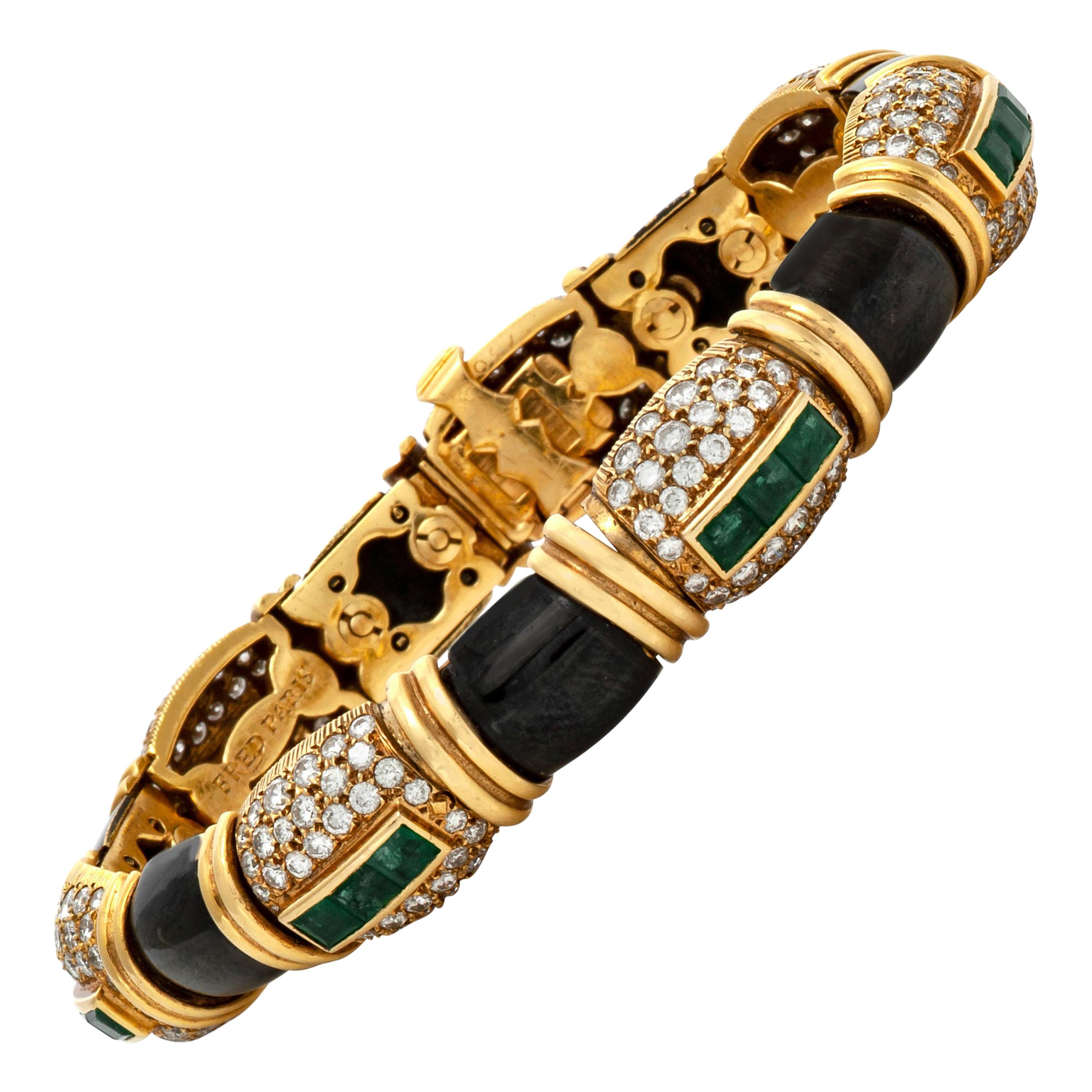 Fred Paris Black Enamel Emerald and Diamonds Bracelet