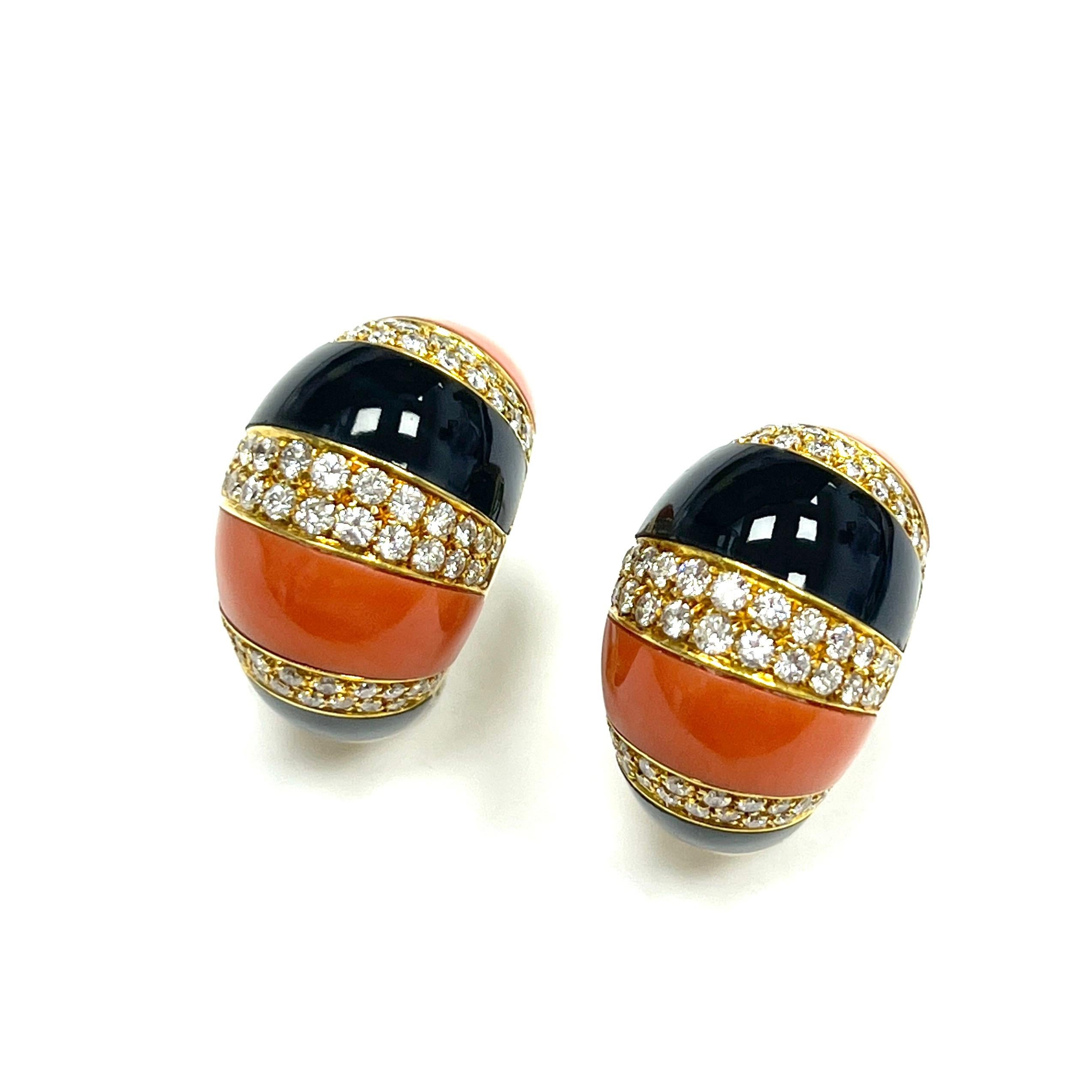 Round Cut Fred Paris Coral Black Onyx Diamond Gold Earrings For Sale