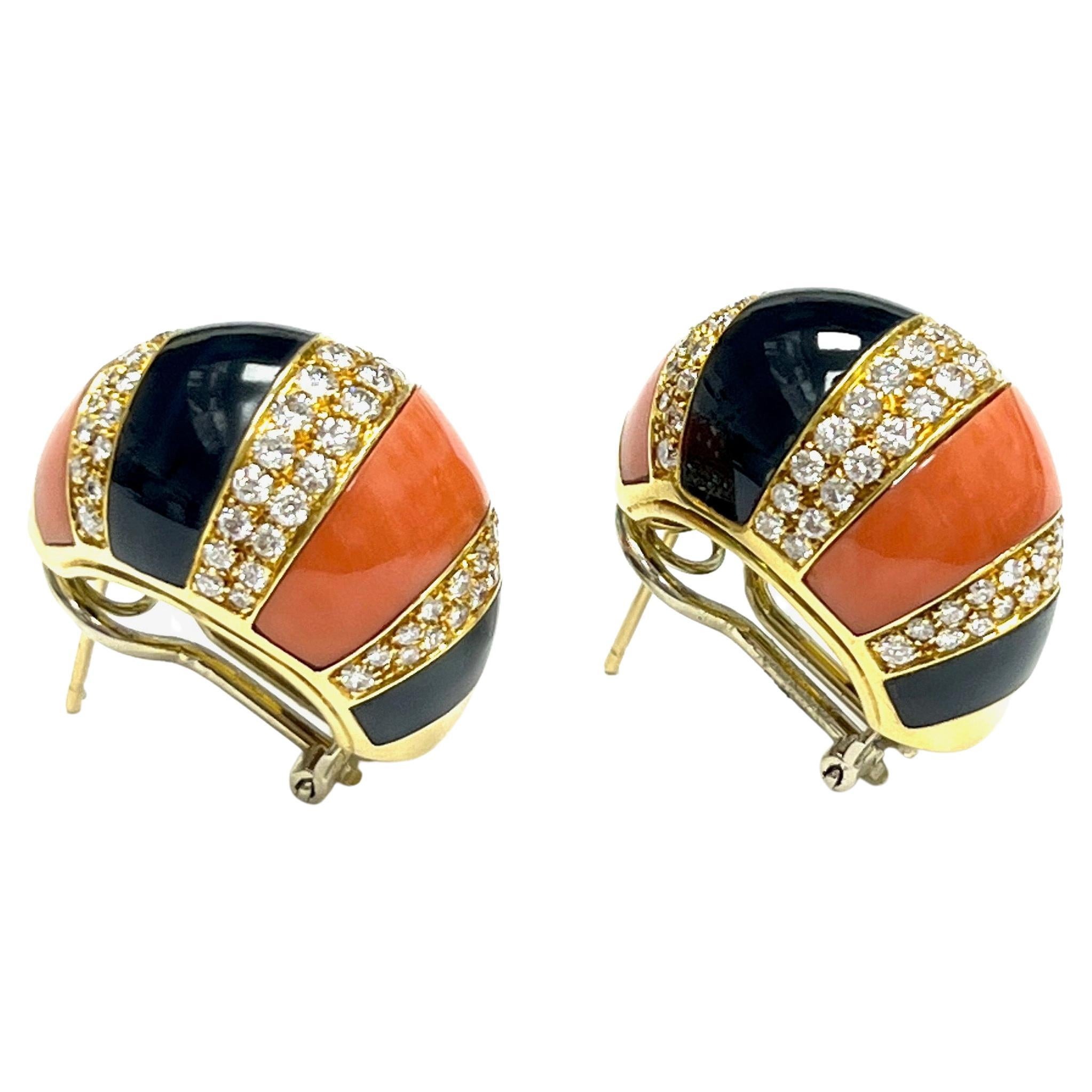Fred Paris Coral Black Onyx Diamond Gold Earrings In Excellent Condition For Sale In New York, NY
