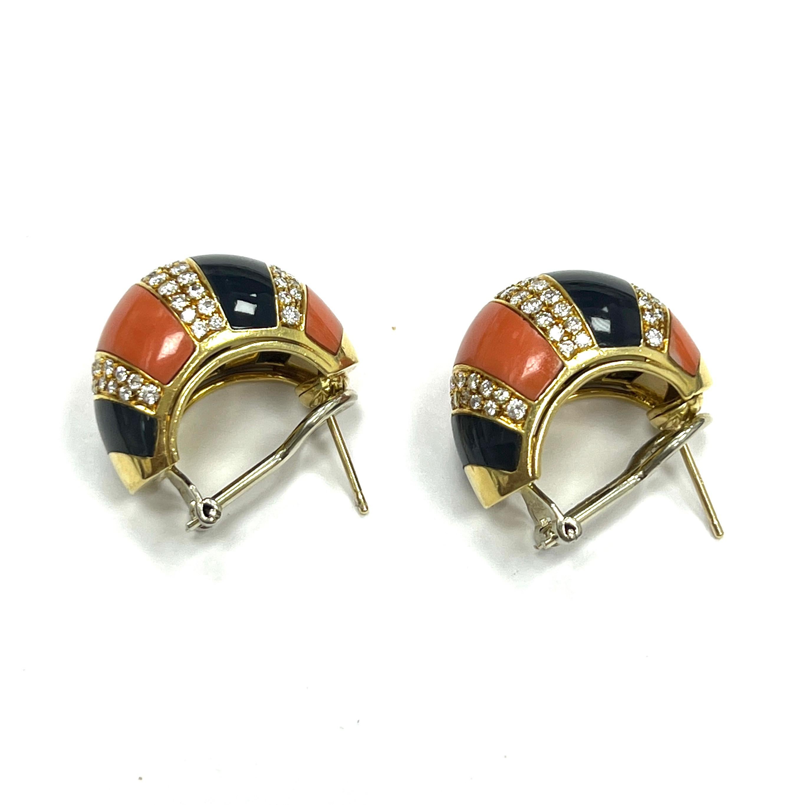 Fred Paris Coral Black Onyx Diamond Gold Earrings For Sale 1
