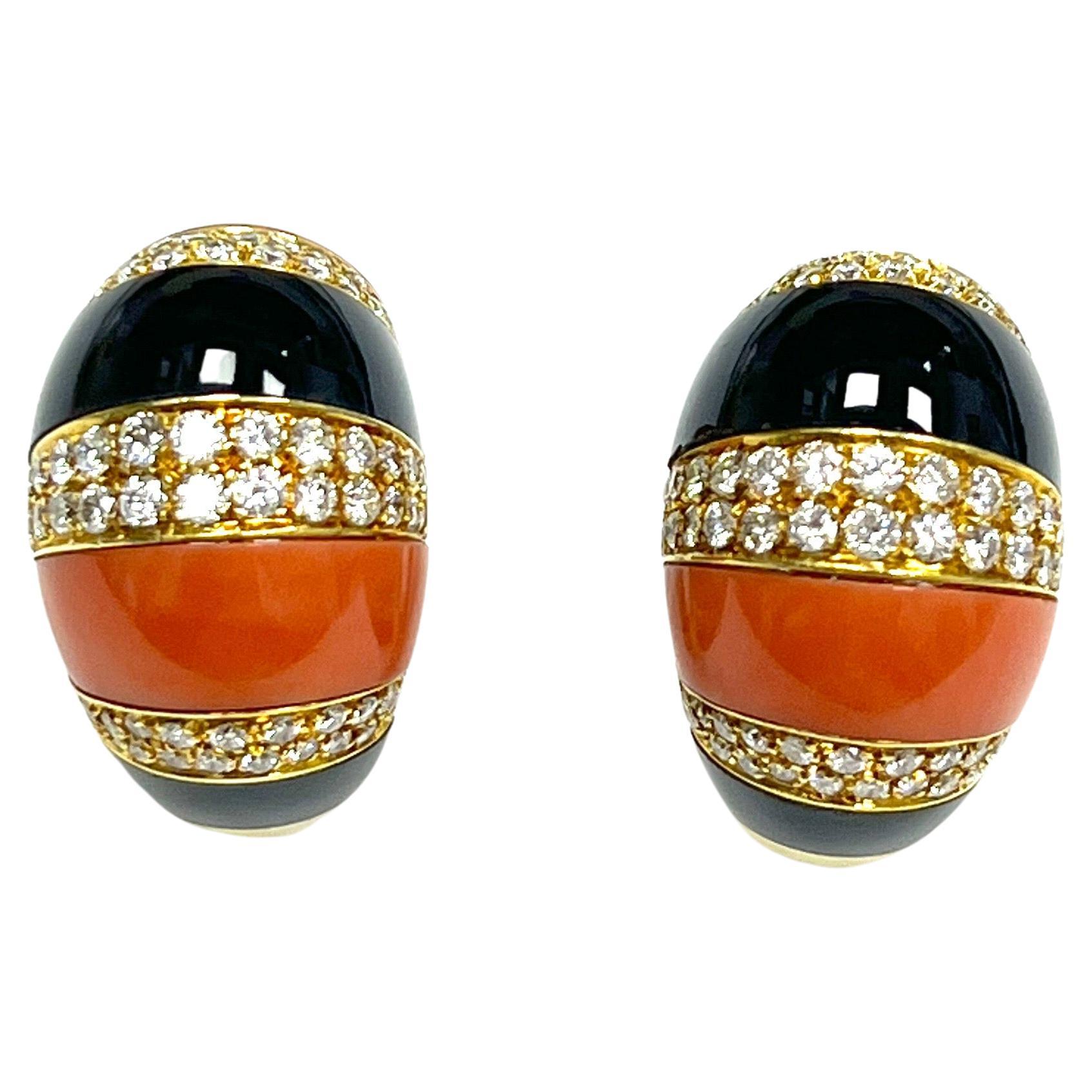 Fred Paris Coral Black Onyx Diamond Gold Earrings