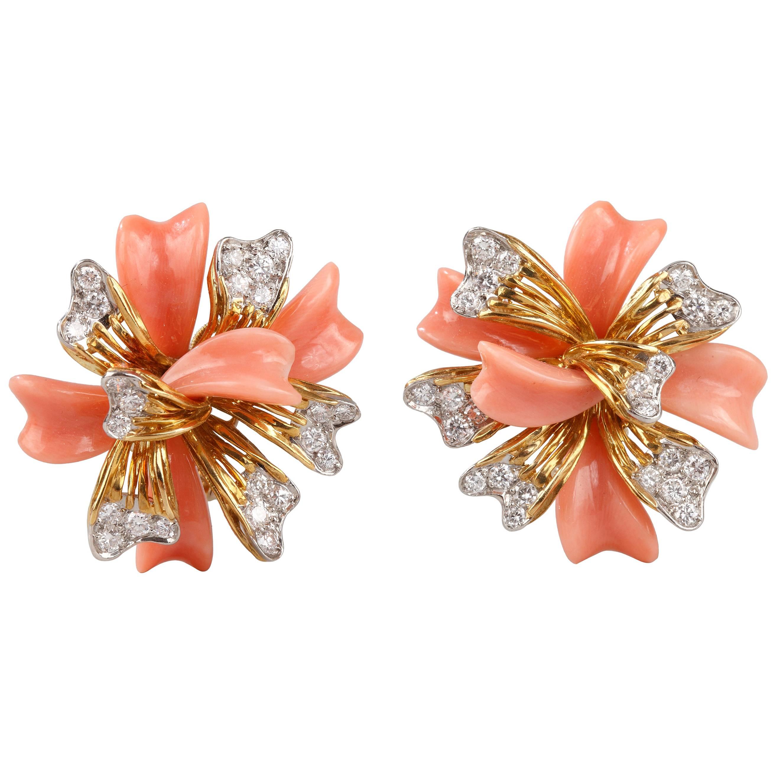 Fred Paris  Coral Diamond Earrings For Sale