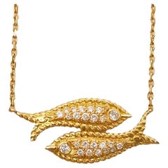 Vintage Fred Paris Diamond and 18 Karat Gold Pisces Pendant Necklace