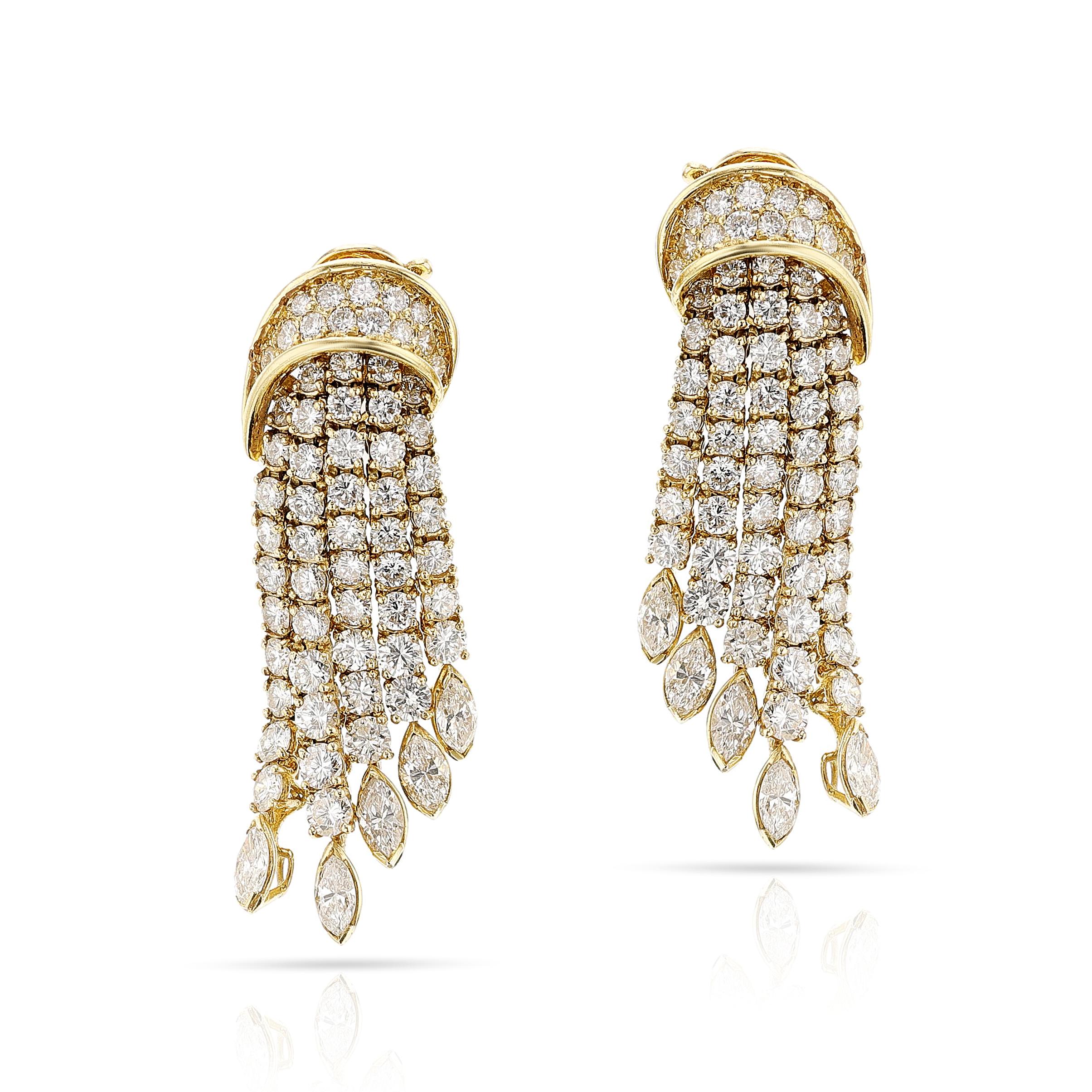 A pair of Fred Paris Diamond Dangling Earrings made in 18k yellow gold. The total diamond weight is appx. 11 carats, G-H color and VS2/SI1 clarity. Signed Fred Paris France, with maker's marks and French assay marks. The total weight is 27.43 grams