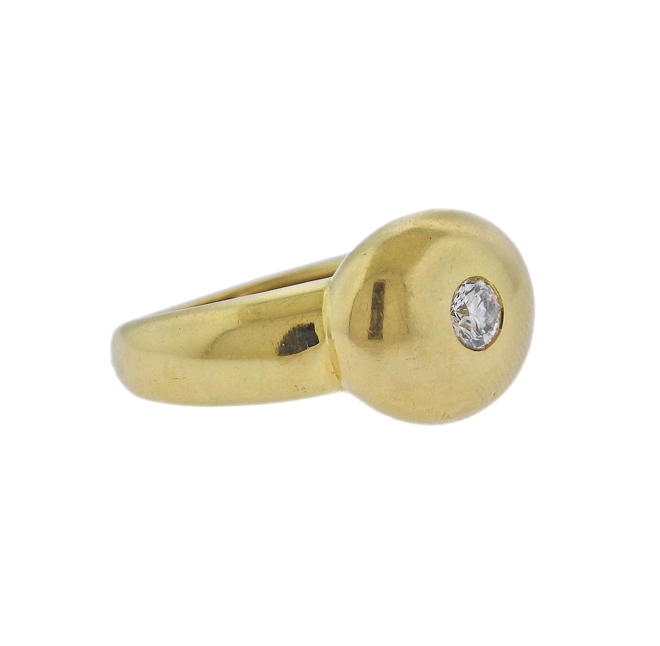 18k yellow gold ring by Fred Paris, with center approx. 0.23ct G/VS diamond. Ring size 6.25, ring top is 13 x 15.5mm. Weight - 13.6 grams. Marked: Fred Paris, 750, French mark.