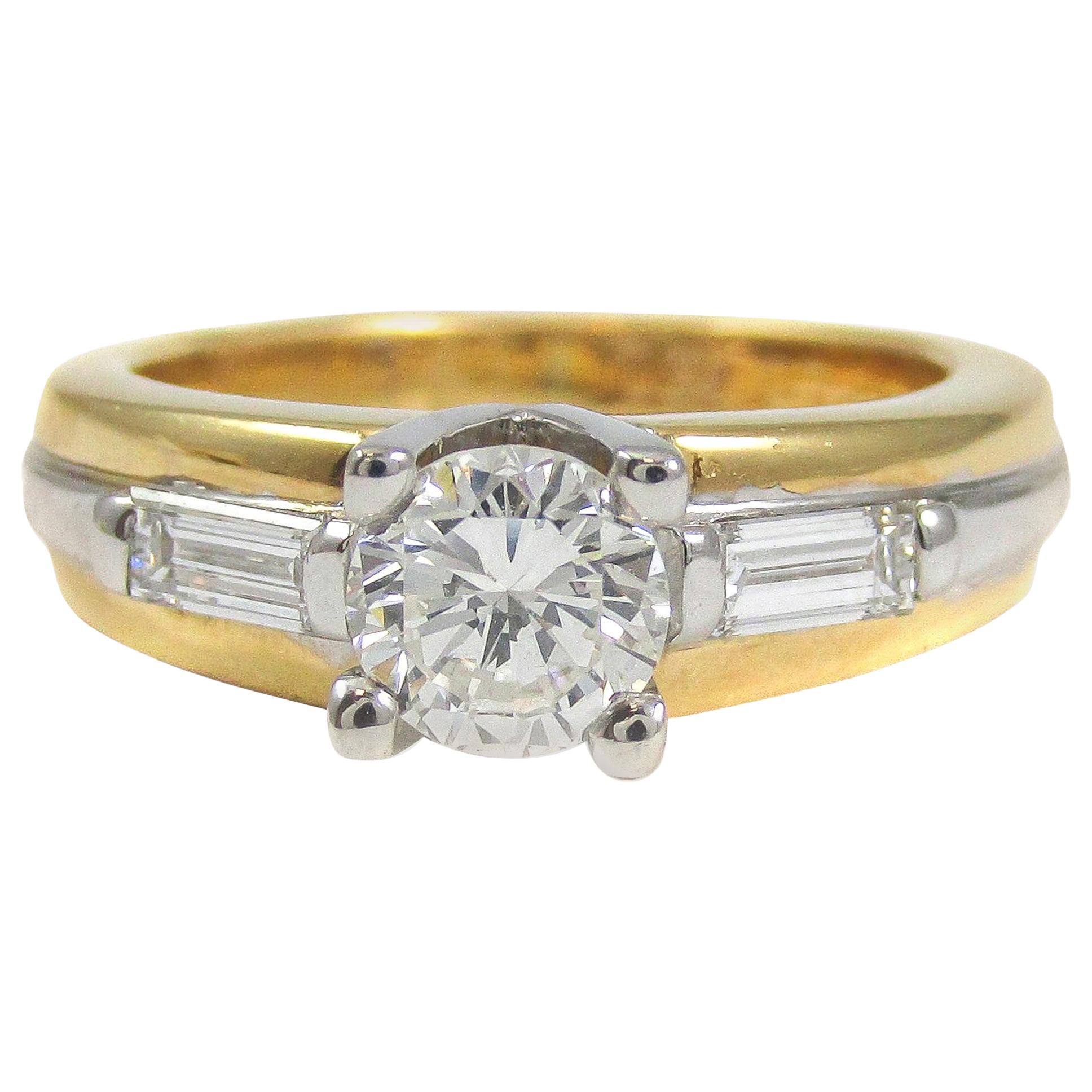 Fred Paris Diamond Platinum and 18 Karat Gold Solitaire Engagement Ring For Sale