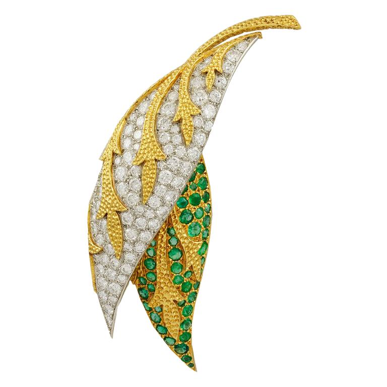 Fred Paris Emerald Diamond Two-Tone Gold Two Leaf Brooch