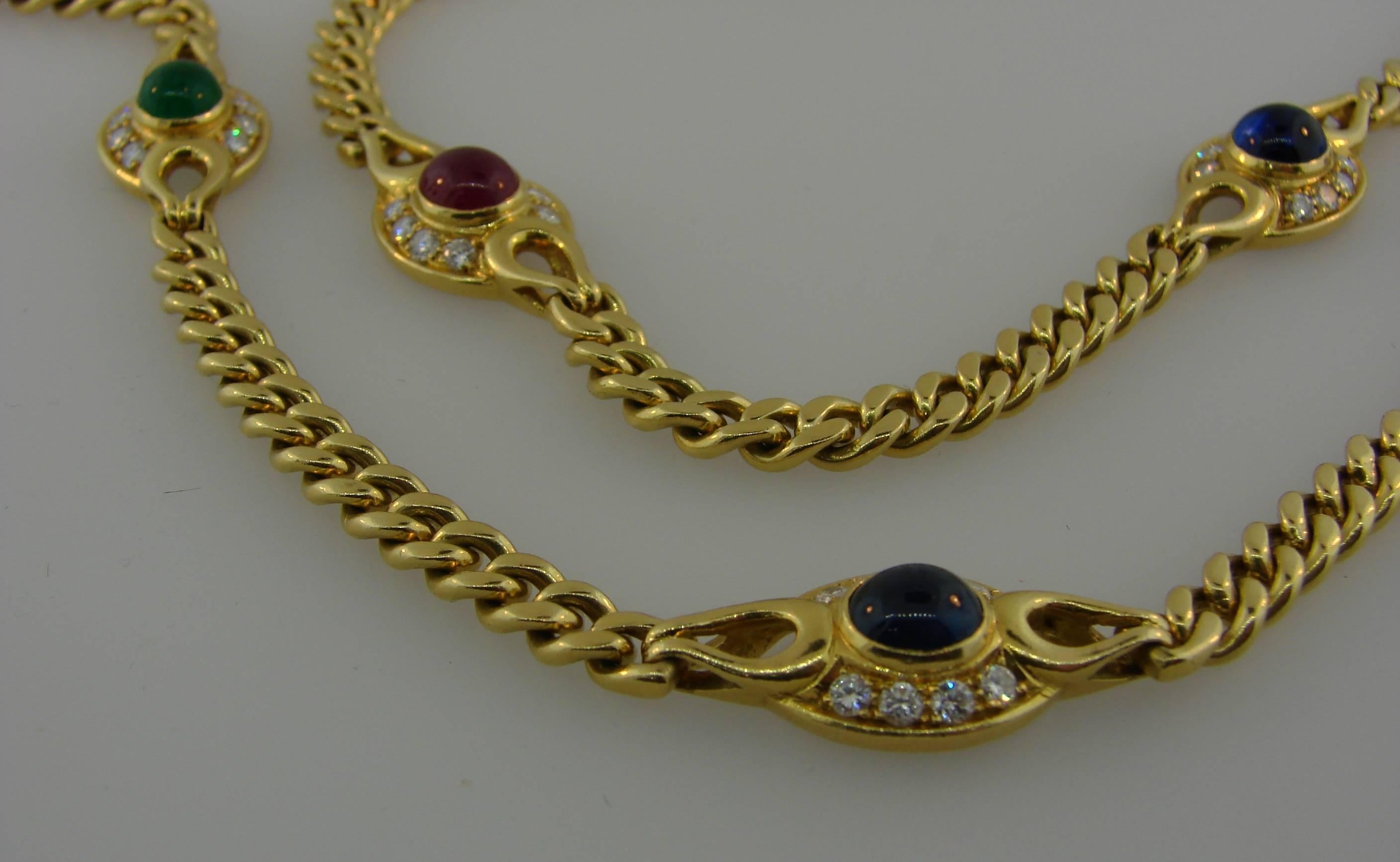 Fred Paris Emerald Sapphire Ruby Diamond Yellow Gold Necklace In Excellent Condition In Beverly Hills, CA