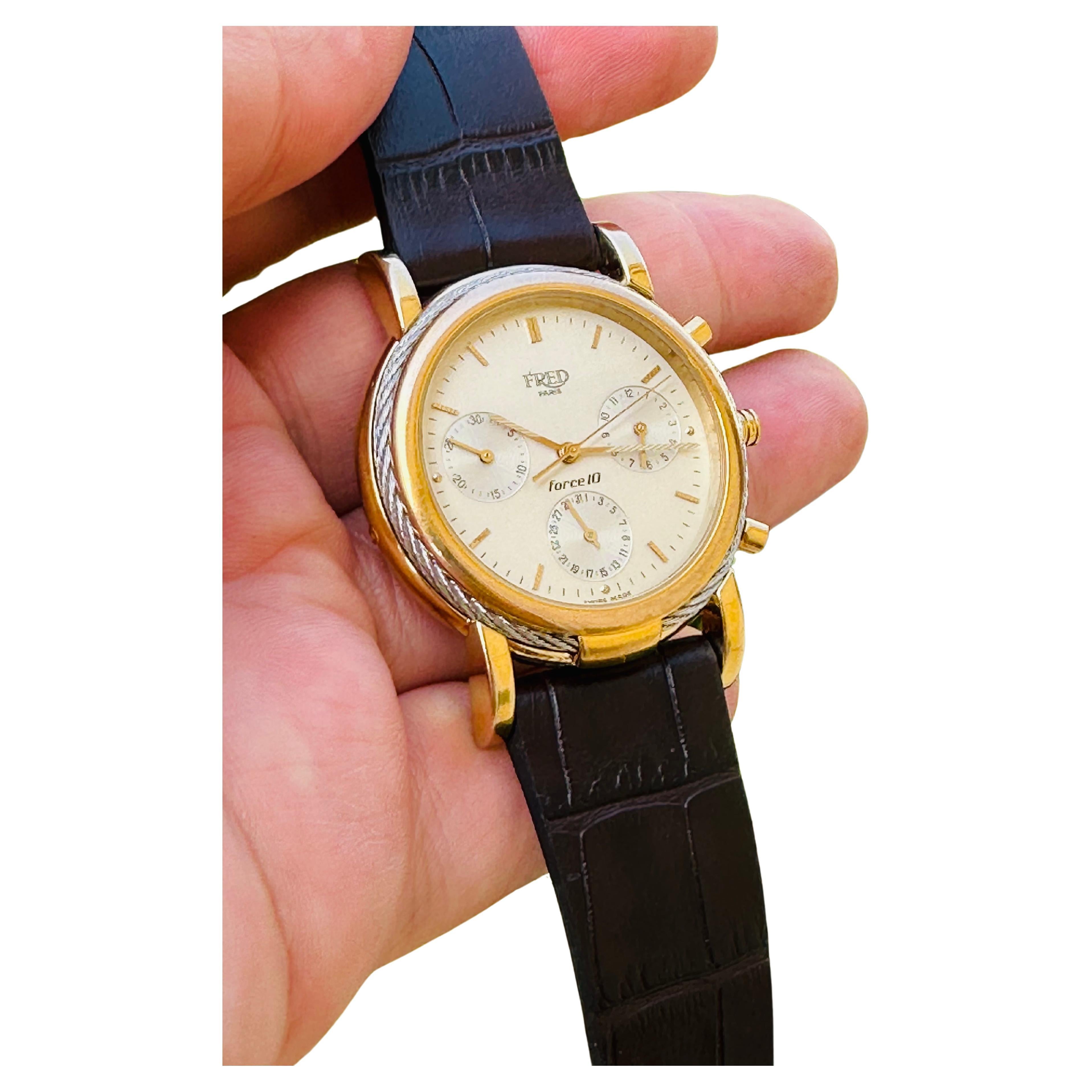 Brand: FRED

Model: Force 10

Reference Number: F10 16846

Country Of Manufacture: Switzerland

Movement: Quartz

Case Material: Gold Plated Stainless steel & Platinum

Measurements : Case width: 37 mm. (without crown)

Band Type : Original Buckle