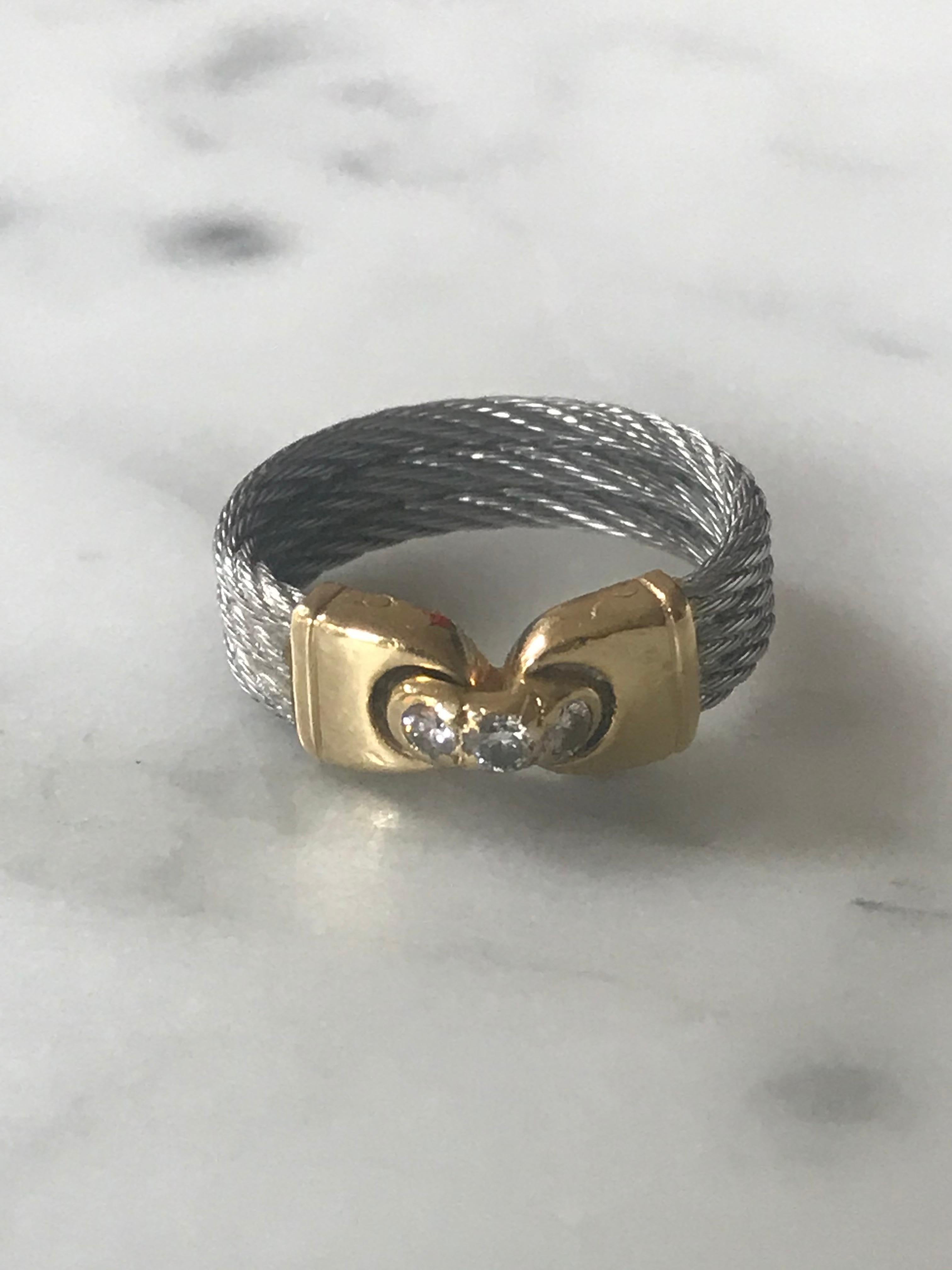Rare Force 10 Sailing ring. Created with steel cable, 18ct gold and centre set with 3 brilliant cut diamonds. American ring size 5.5