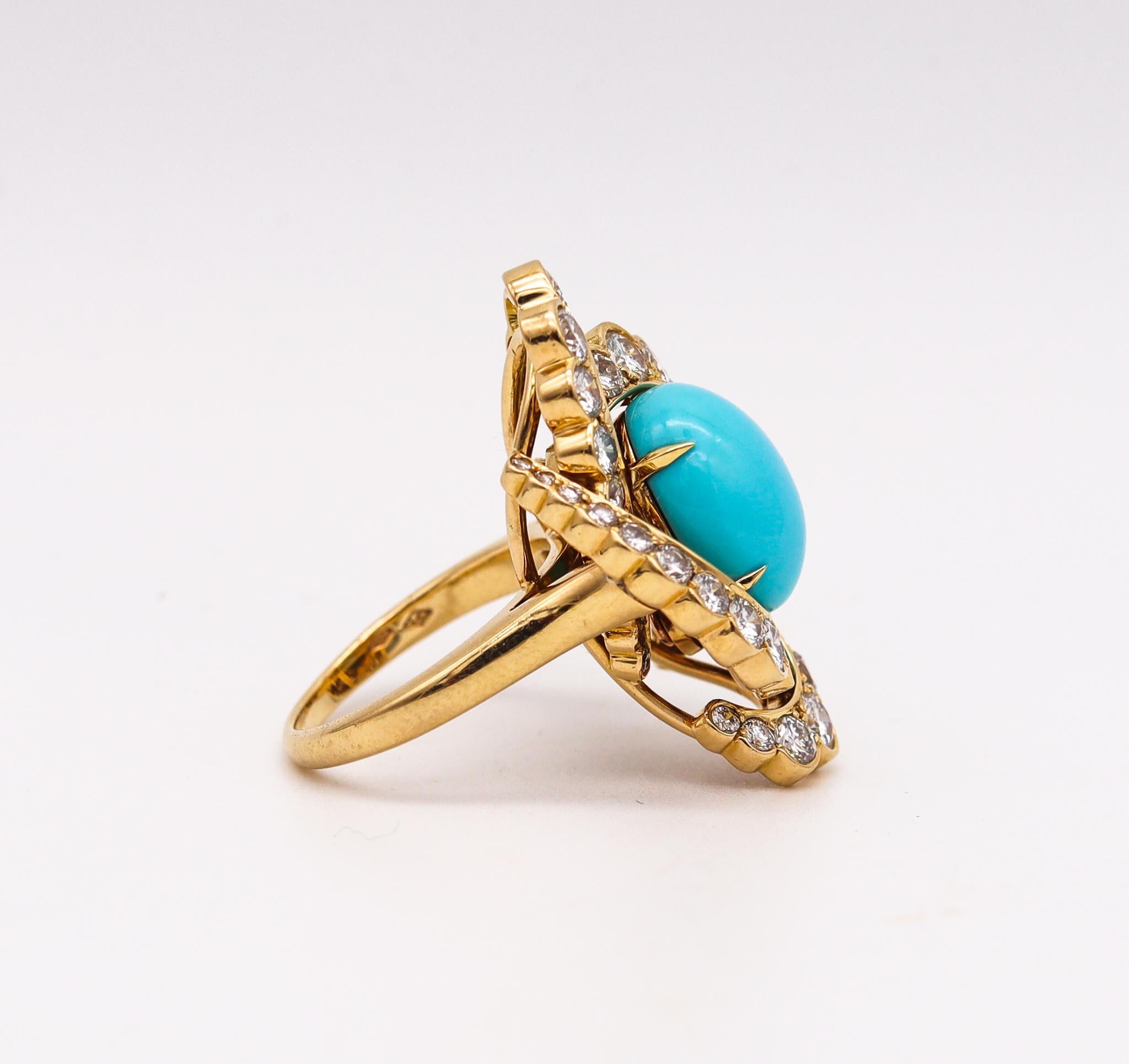 Modernist Fred Paris Gem Set Cocktail Ring 18Kt Yellow Gold 12.34 Ctw Diamonds & Turquoise For Sale