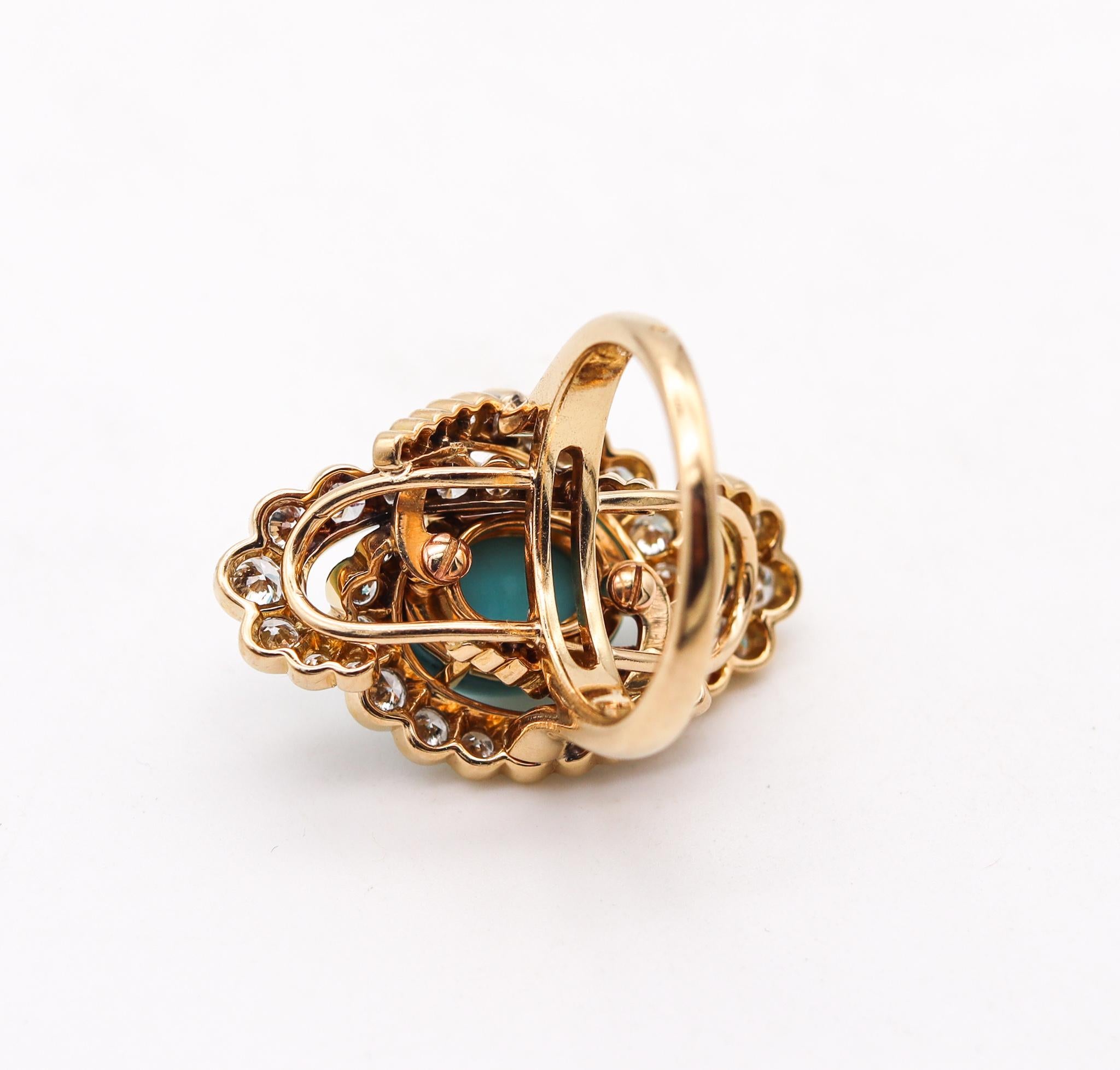 Fred Paris Gem Set Cocktail Ring 18Kt Yellow Gold 12.34 Ctw Diamonds & Turquoise In Excellent Condition For Sale In Miami, FL