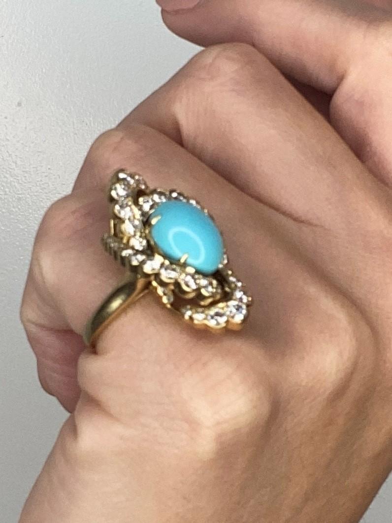 Fred Paris Gem Set Cocktail Ring 18Kt Yellow Gold 12.34 Ctw Diamonds & Turquoise For Sale 2