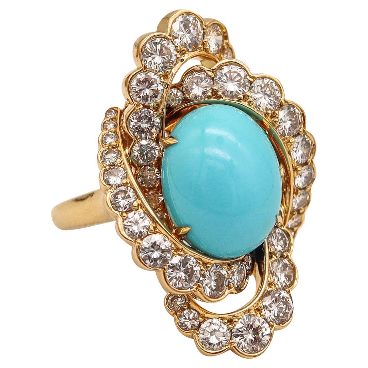 Fred Paris Gem Set Cocktail Ring 18Kt Yellow Gold 12.34 Ctw Diamonds & Turquoise For Sale
