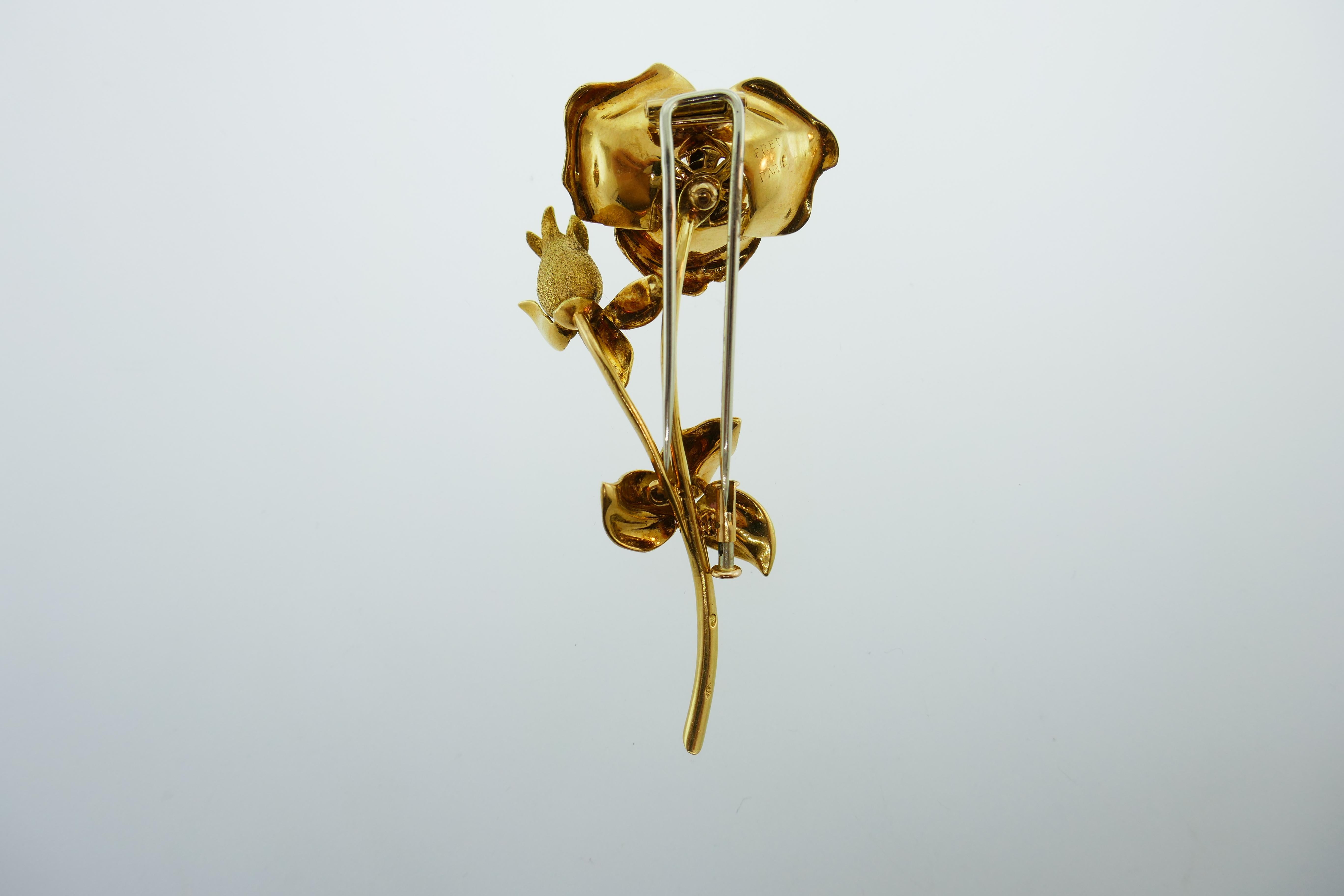 Fred Paris Georges L'Enfant 18k Yellow Gold & Ruby Flower Brooch Clip circa 1980 1