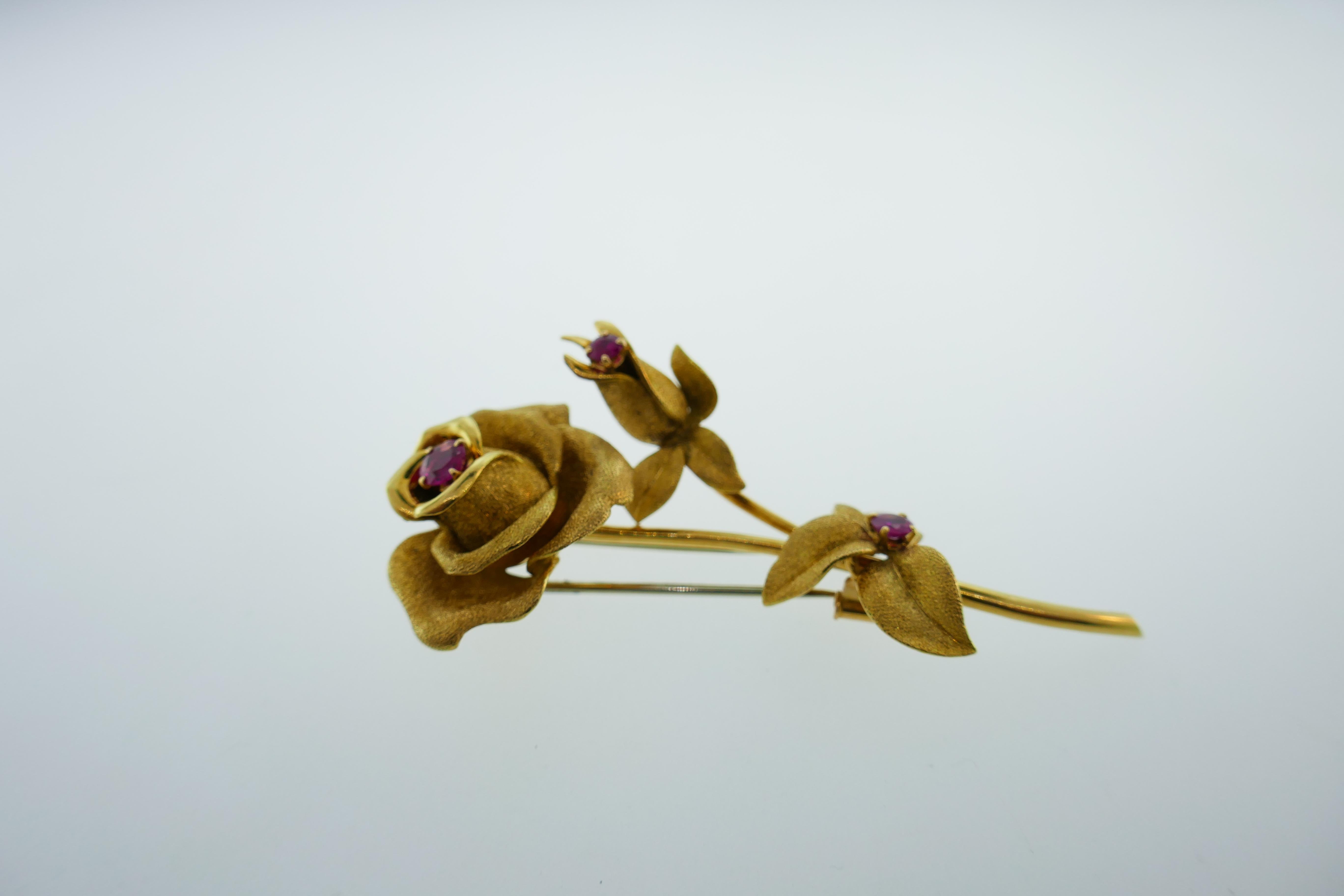 Fred Paris Georges L'Enfant 18k Yellow Gold & Ruby Flower Brooch Clip circa 1980 2