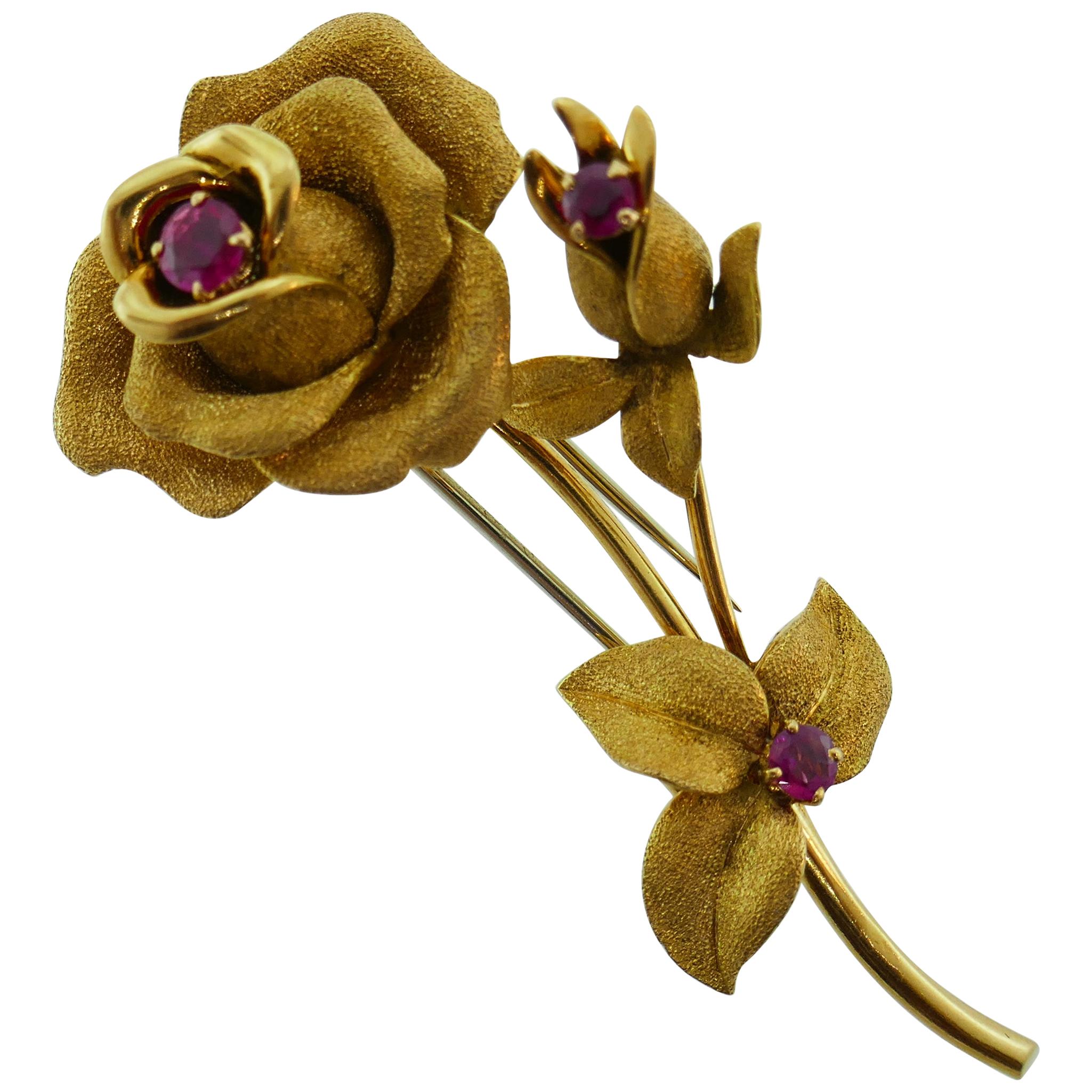 Fred Paris Georges L'Enfant 18k Yellow Gold & Ruby Flower Brooch Clip circa 1980
