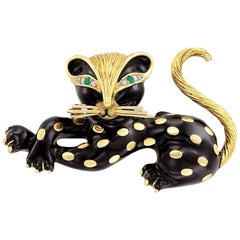 Fred, Paris, Gold, Black Enamel, Diamond and Emerald Cat Clip-Brooch
