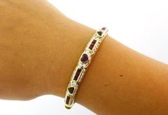 Fred Paris Heart Ruby Yellow Gold Bangle Bracelet with Diamond Accents, 1970s