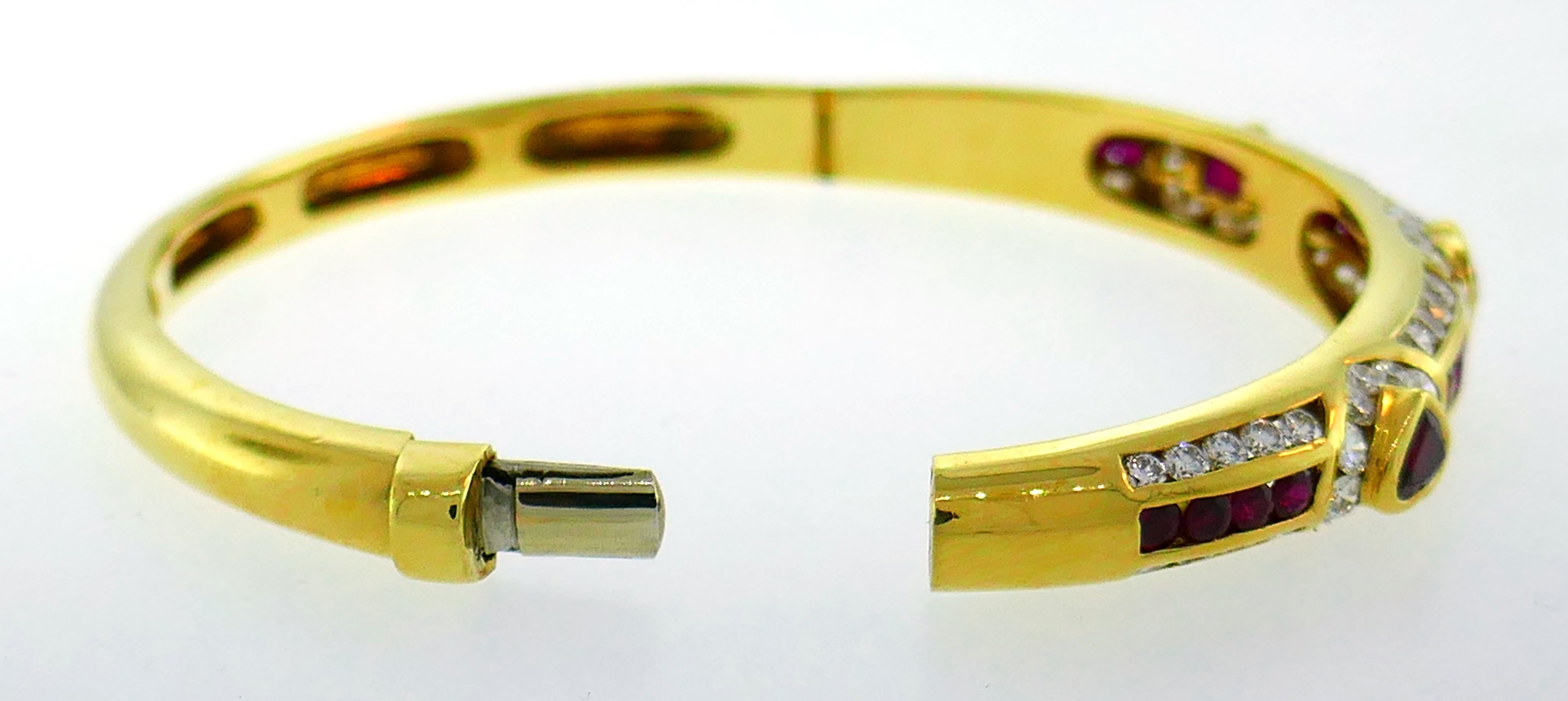 Fred Paris Heart Ruby Yellow Gold Bangle Bracelet with Diamond Accents, 1970s 1