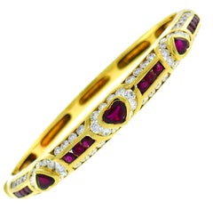 Fred Paris Heart Ruby Yellow Gold Bangle Bracelet with Diamond Accents, 1970s