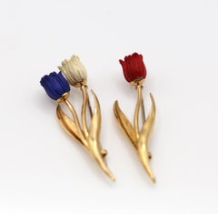 Fred Paris Lapis White Red Tulips 18K Yellow Gold Brooches French Flag, 1970