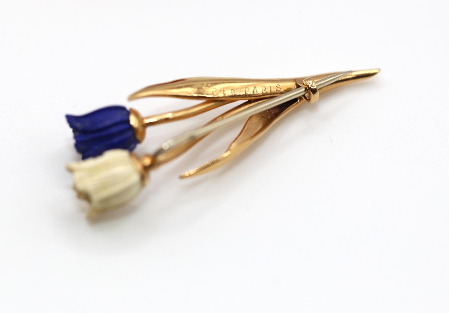 Women's or Men's Fred Paris Lapis White Red Tulips 18K Yellow Gold Brooches French Flag, 1970 For Sale