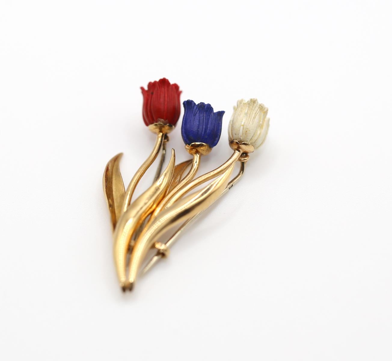 Fred Paris Lapis White Red Tulips 18K Yellow Gold Brooches French Flag, 1970 For Sale 2