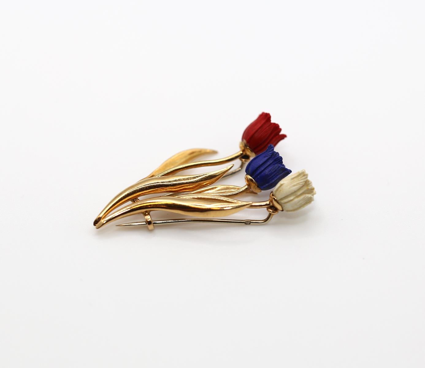 Fred Paris Lapis White Red Tulips 18K Yellow Gold Brooches French Flag, 1970 For Sale 3
